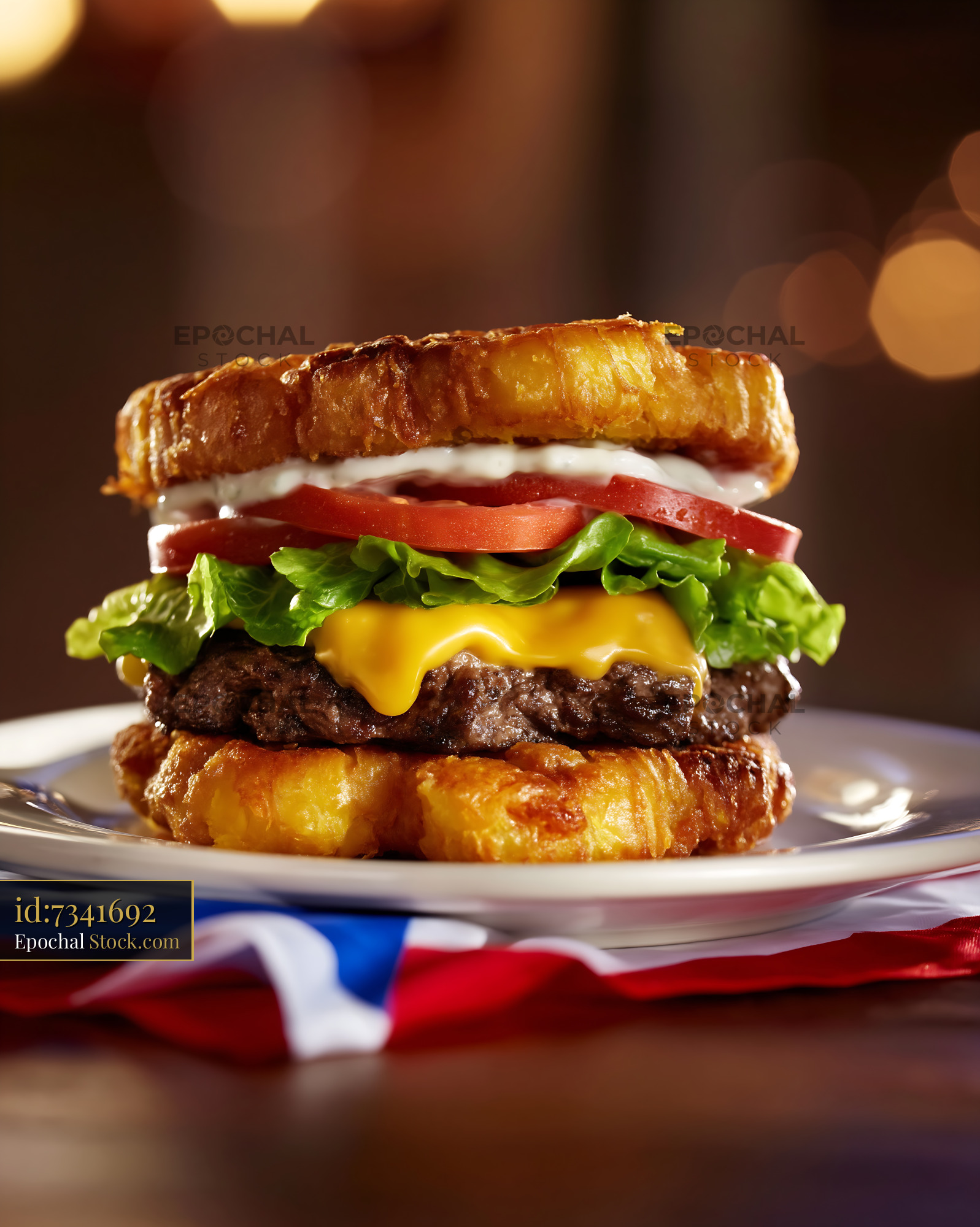 Artisanal Croissant Burger with Cheddar and Fresh Vegetables - stock photo