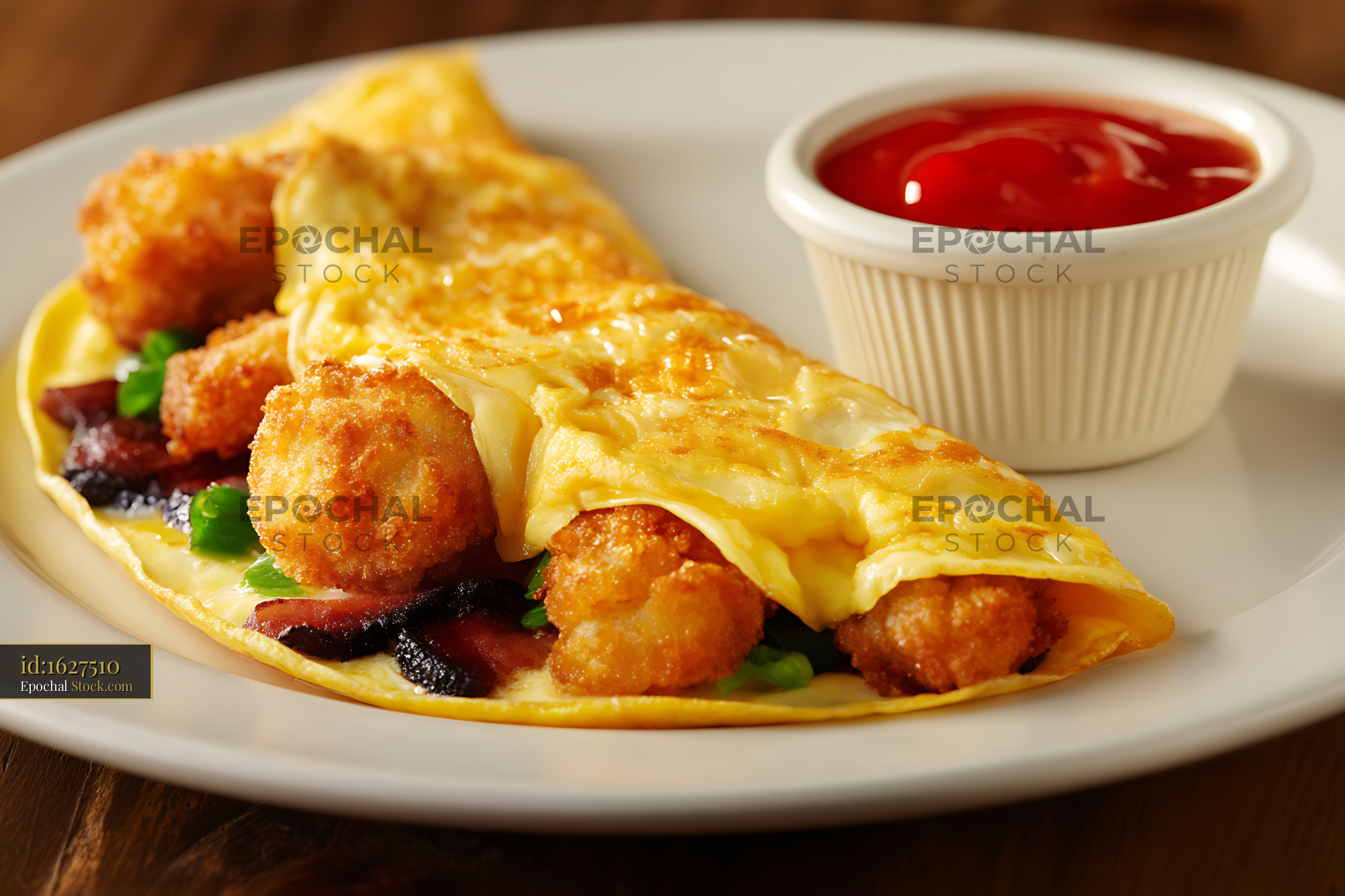 Gourmet Shrimp and Bacon Omelet Plated - stock photo