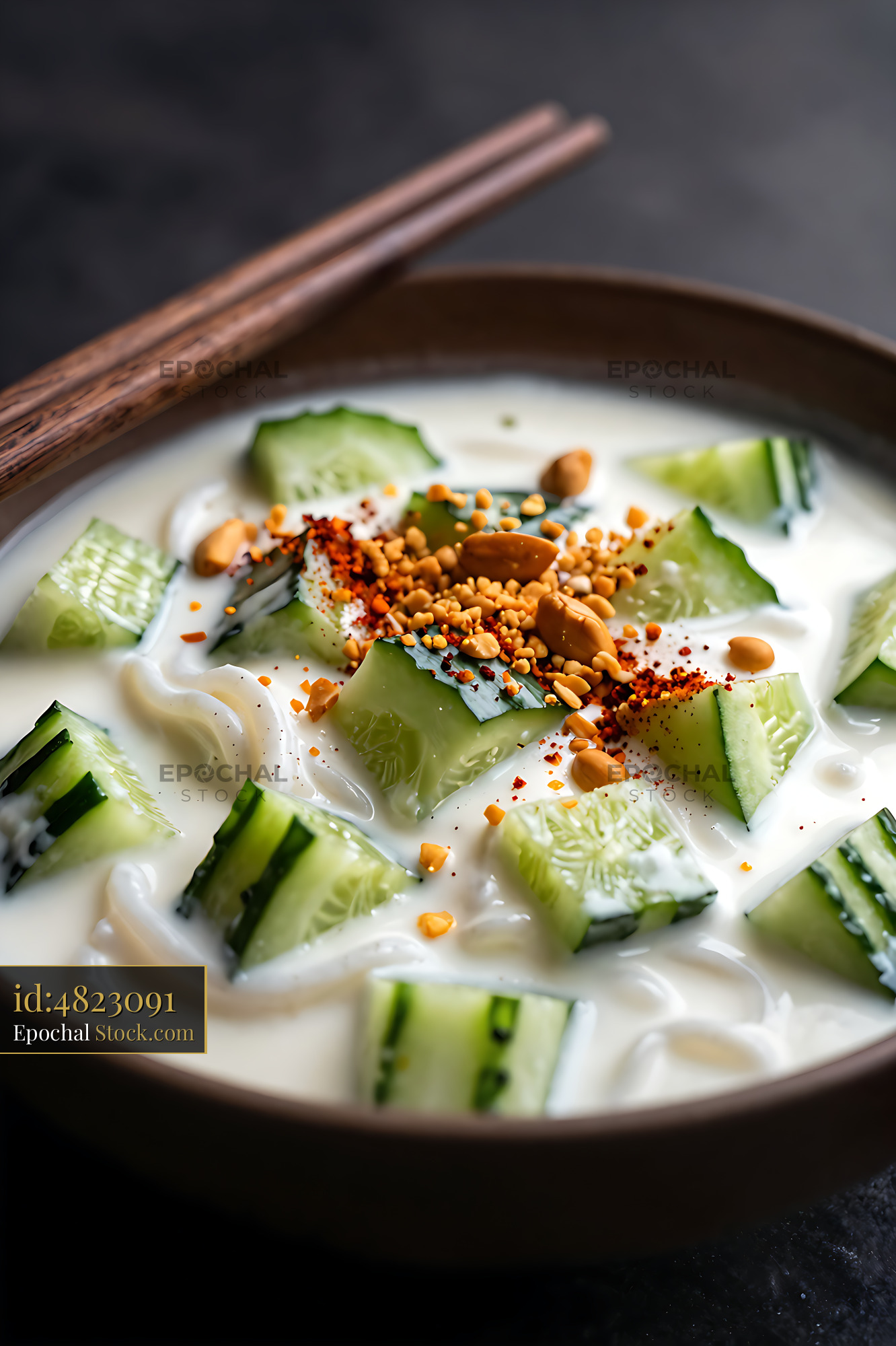 Kakdi Koshimbir Noodle Soup with Crispy Garnish - stock photo
