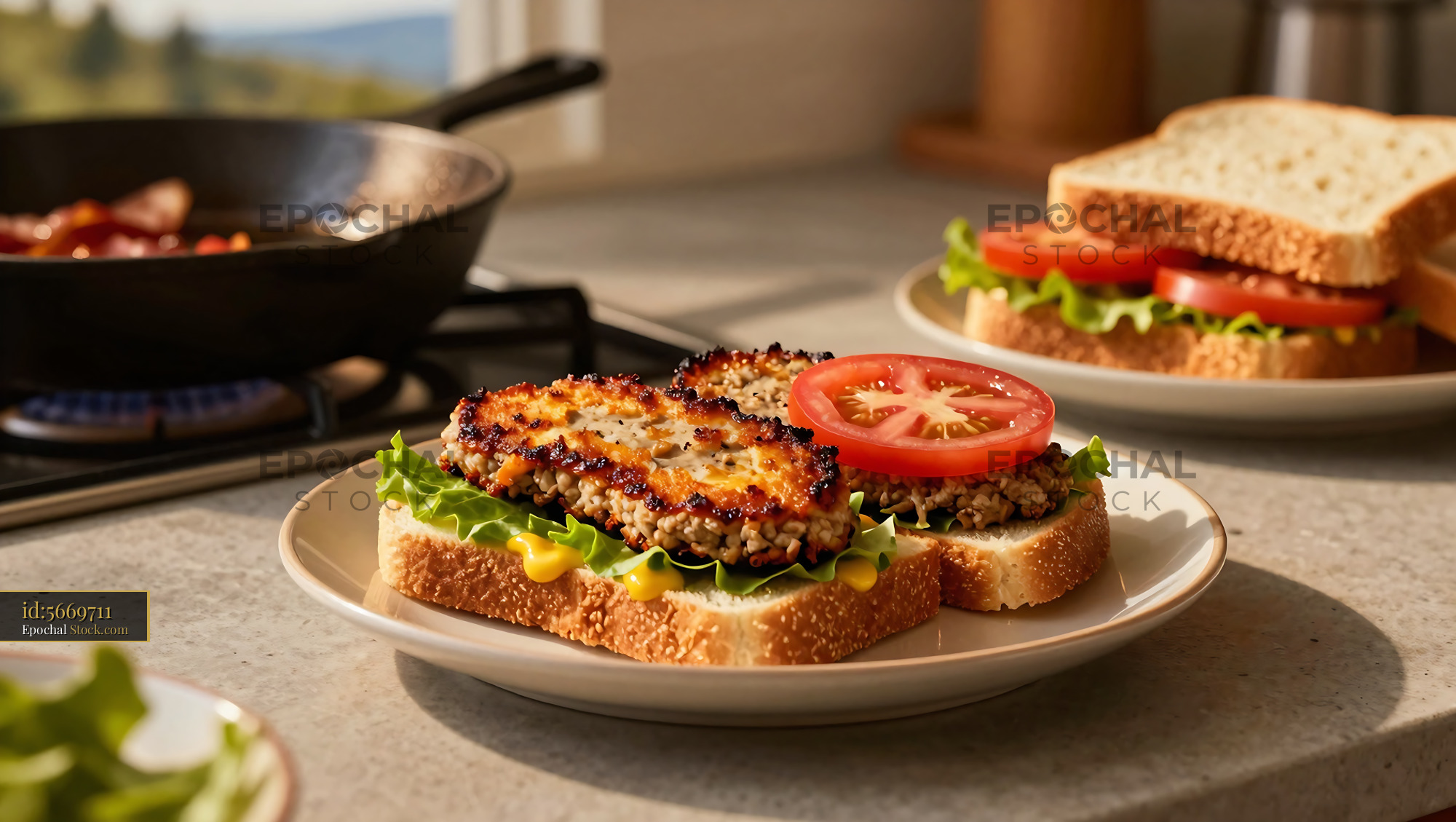 Gourmet Fried Burger With Crispy Patty and Fresh Toppings - stock photo