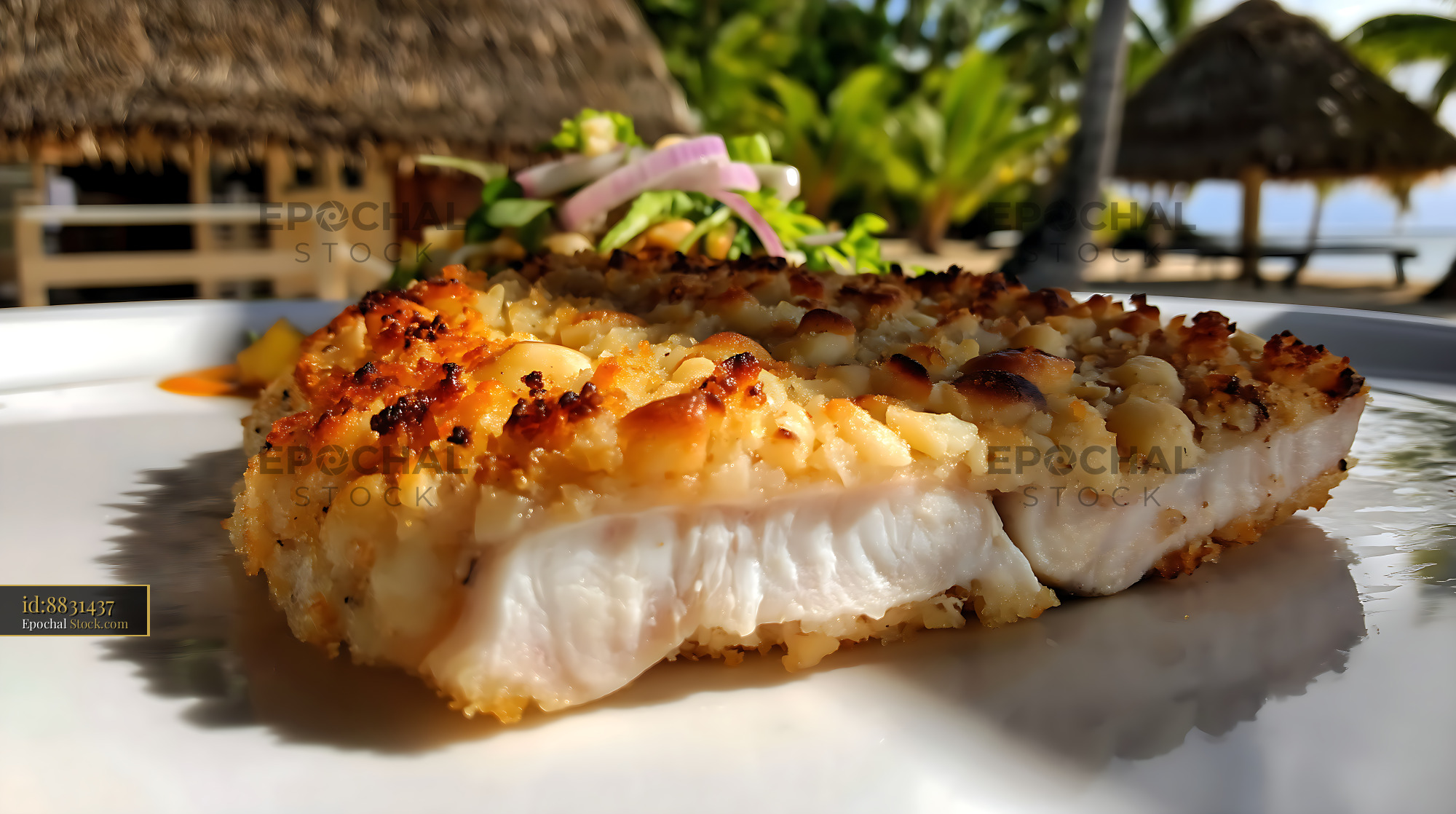 Gourmet Fish Fillet with Crust at Tropical Resort - stock photo