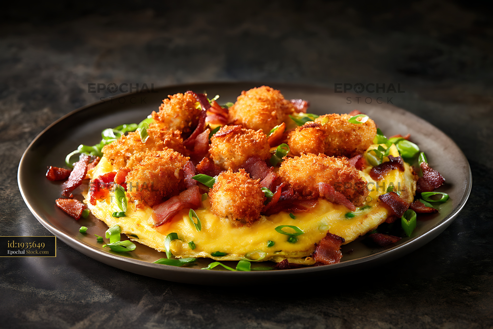 Crispy Shrimp Omelet with Bacon and Scallions - stock photo