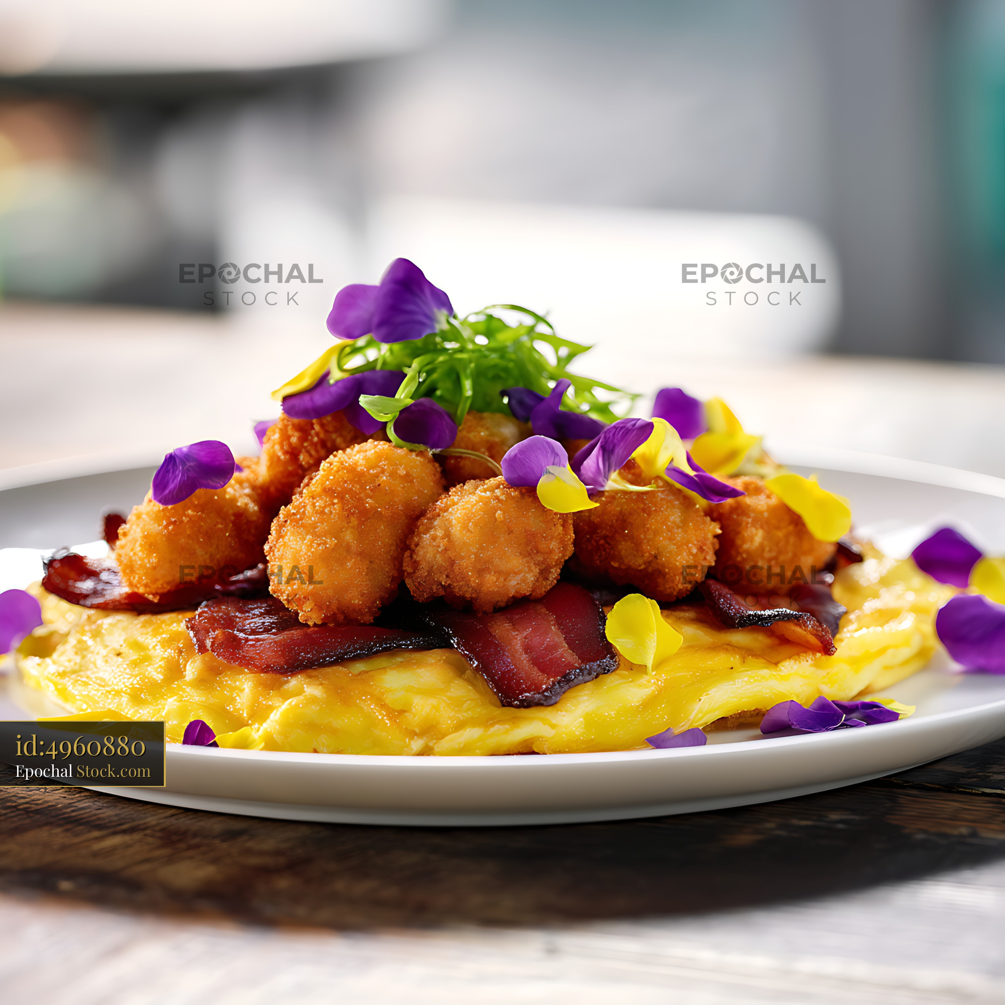 Gourmet Omelet With Crispy Croquettes Edible Flowers - stock photo