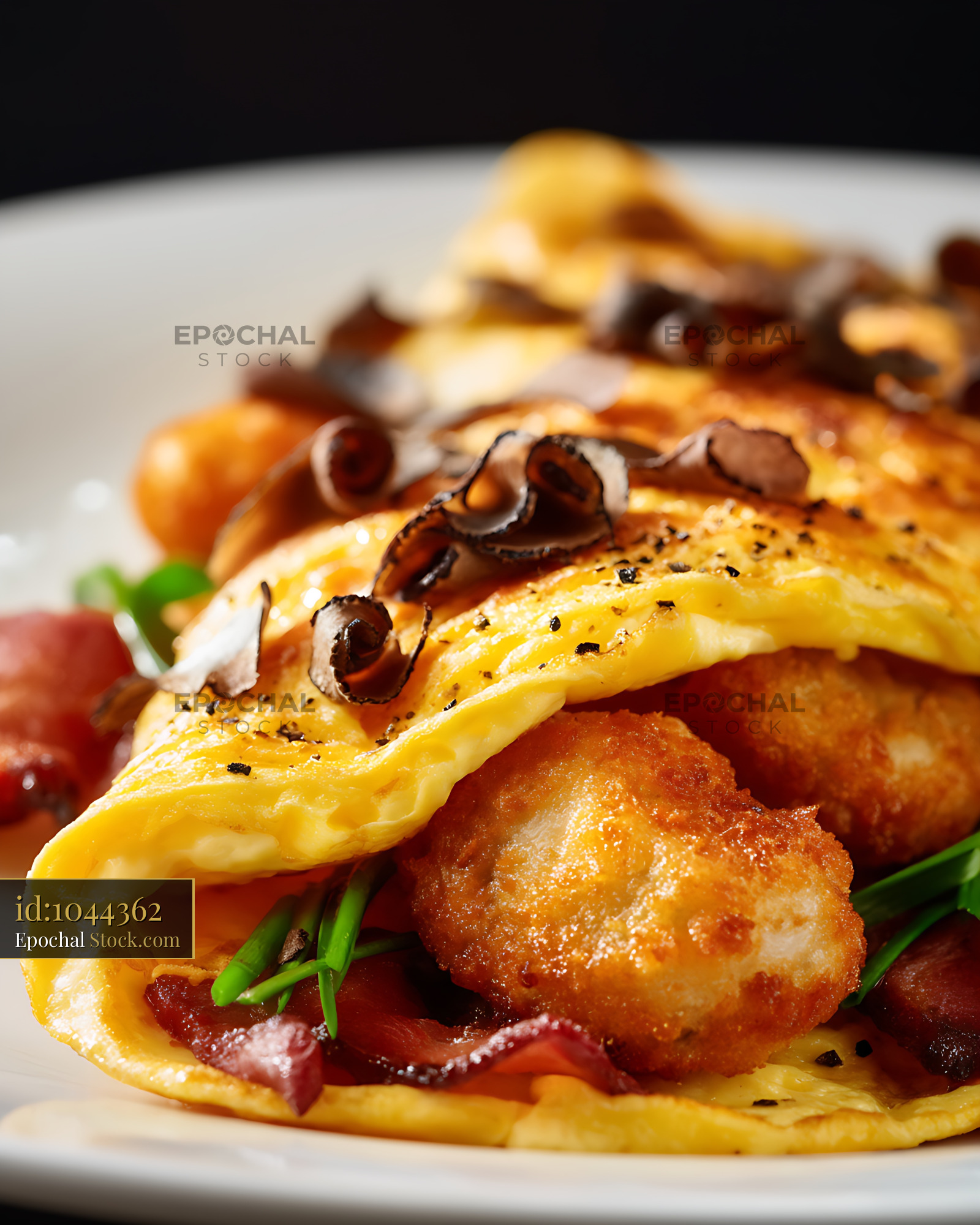 Truffle Omelet with Hash Brown and Bacon - stock photo