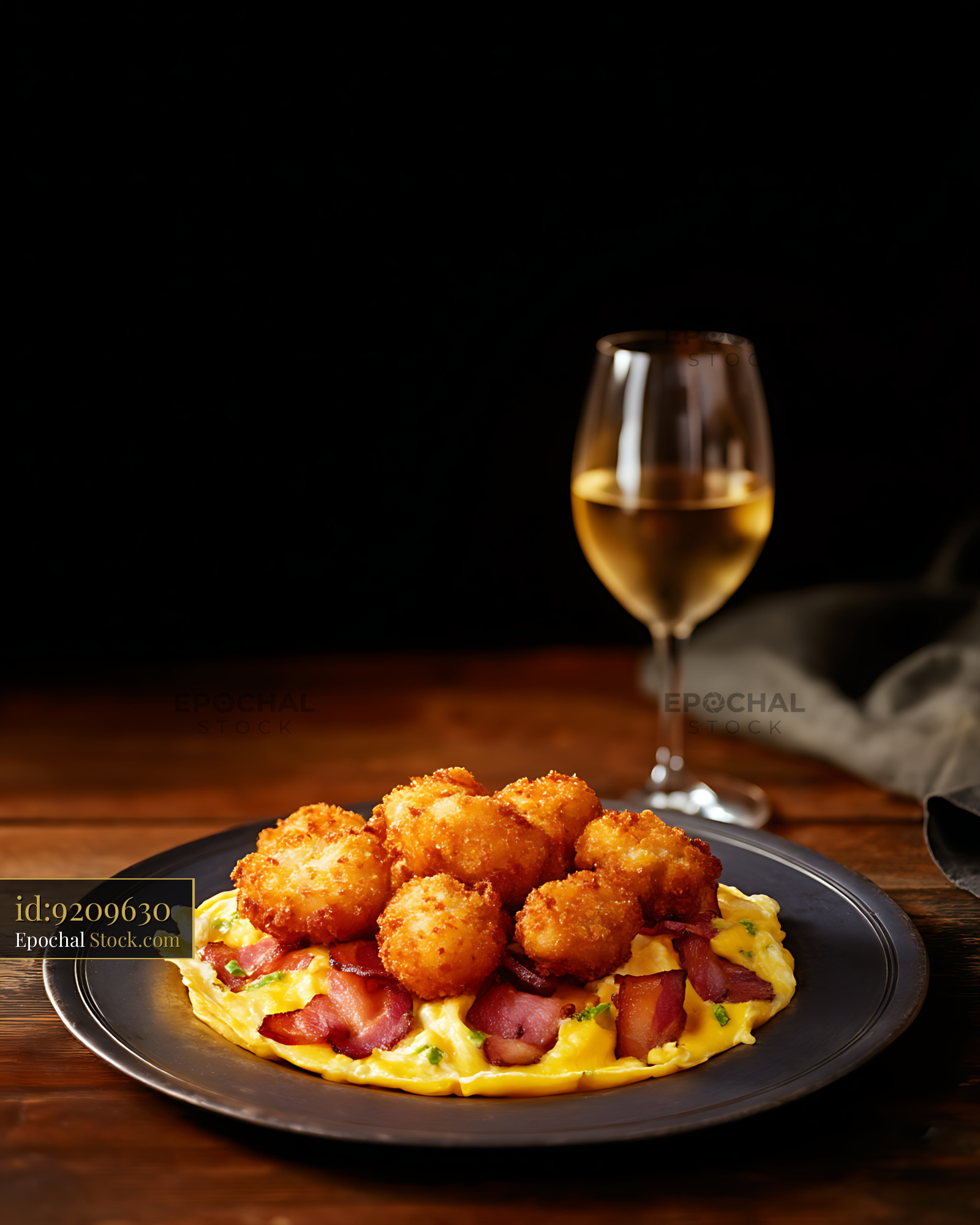Fried Shrimp and Bacon Omelet with White Wine - stock photo