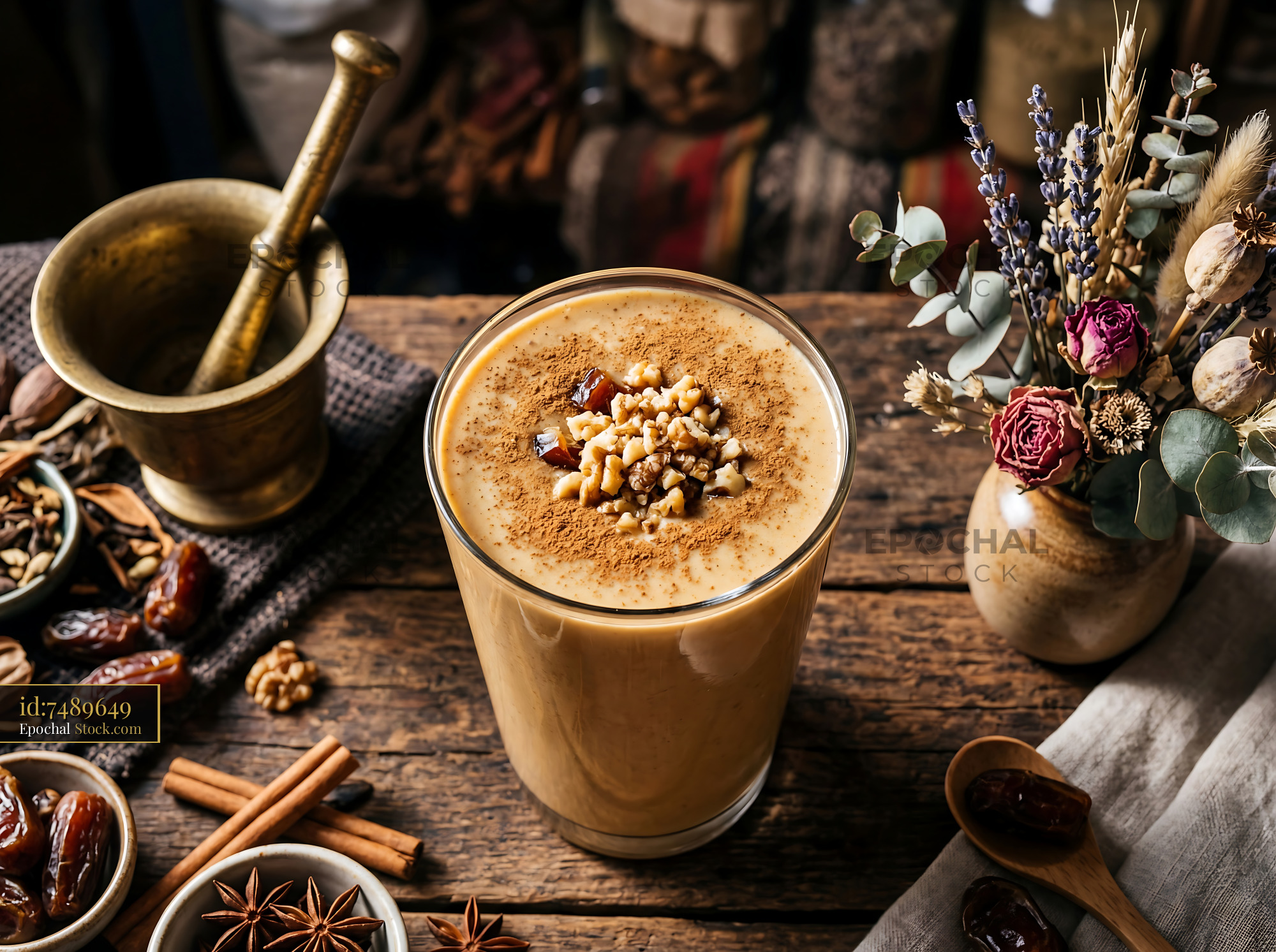 Tahini Date Shake with Cinnamon and Nuts - stock photo