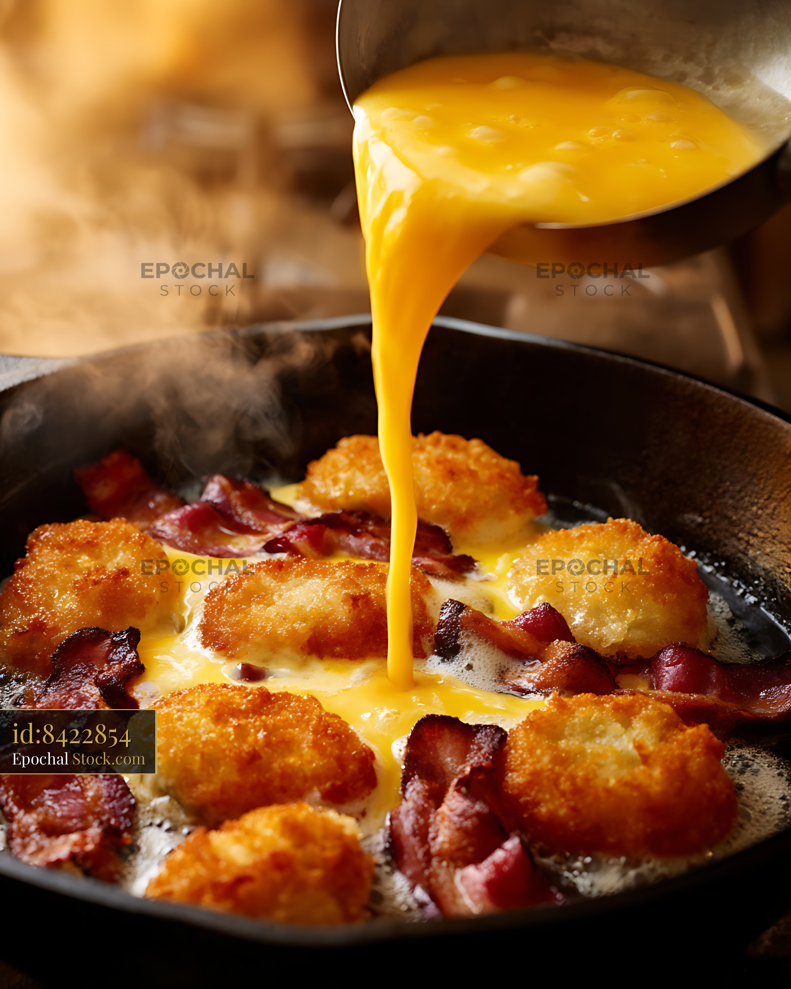 Melted Cheese Dripping Over Bacon Hash Brown Skillet - stock photo