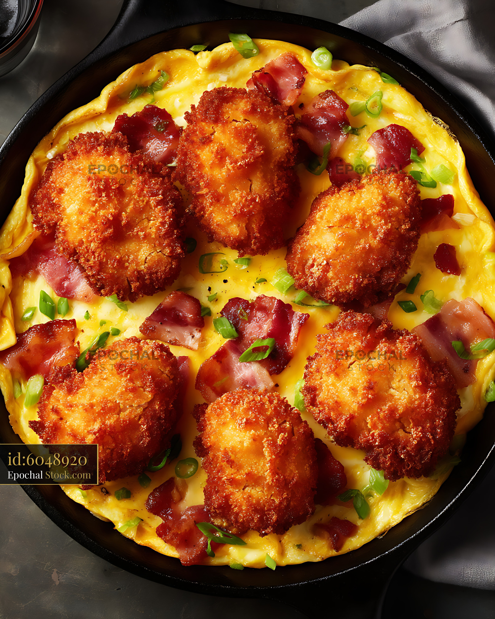 Crispy Bacon Omelet in Cast Iron Skillet - stock photo