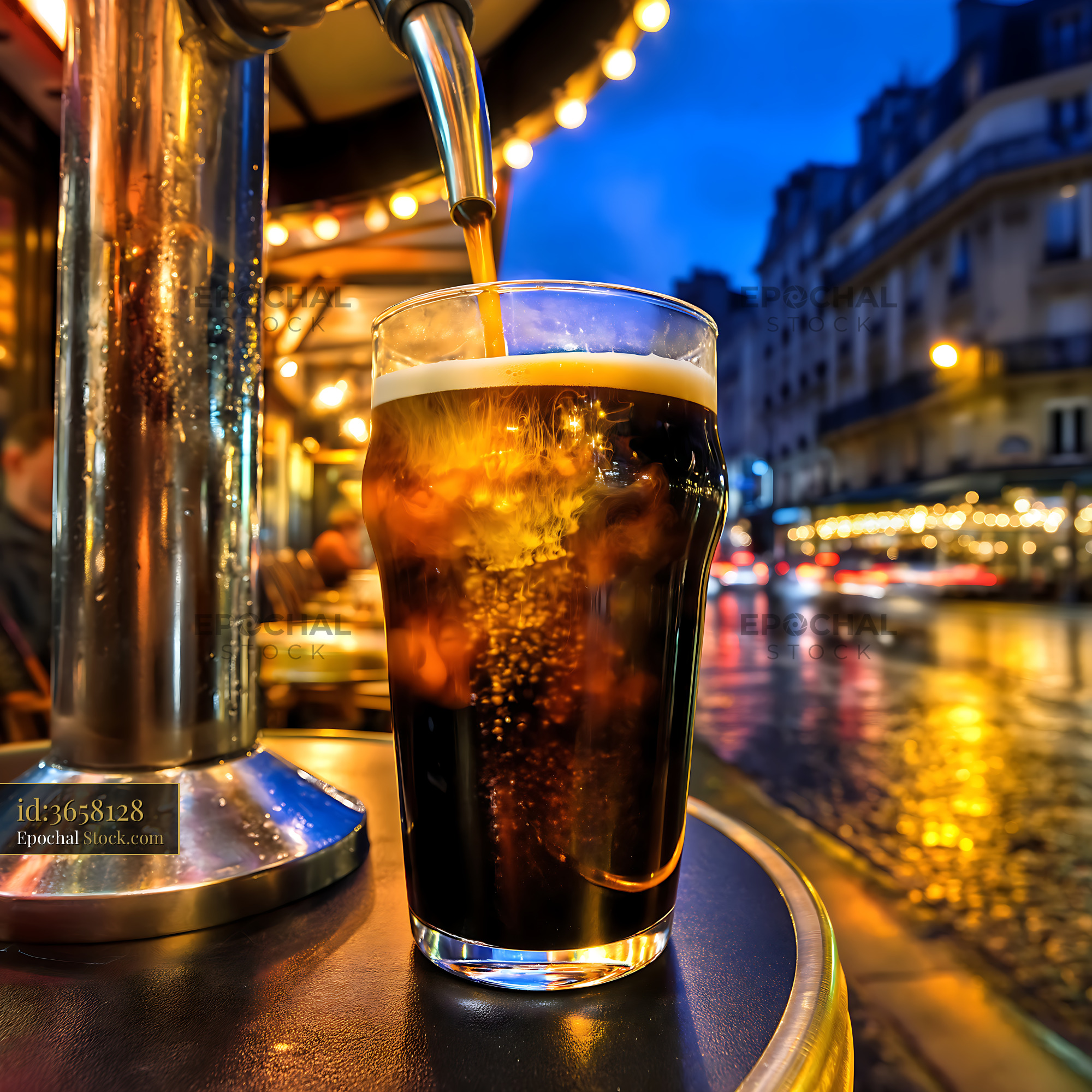 Dark Beer Pouring at Outdoor European Cafe Night - stock photo