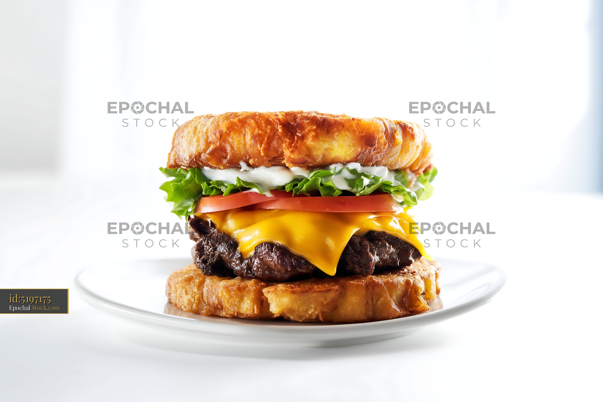 Gourmet Croissant Cheeseburger on White Plate - stock photo