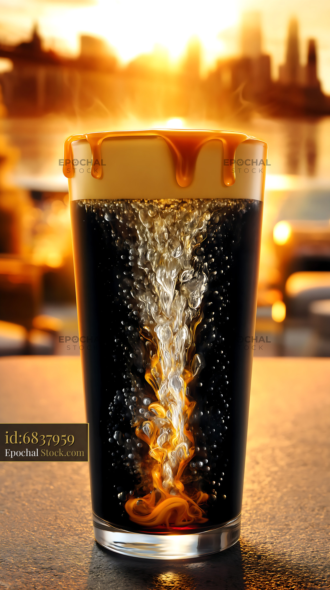 Nitro Caramel Coffee with Golden Sunset Backdrop - stock photo