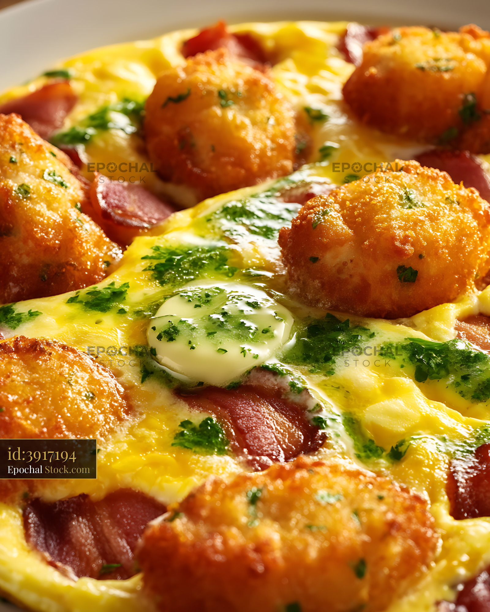 Hot Baked Pizza with Ham, Cheese, Fresh Herbs - stock photo