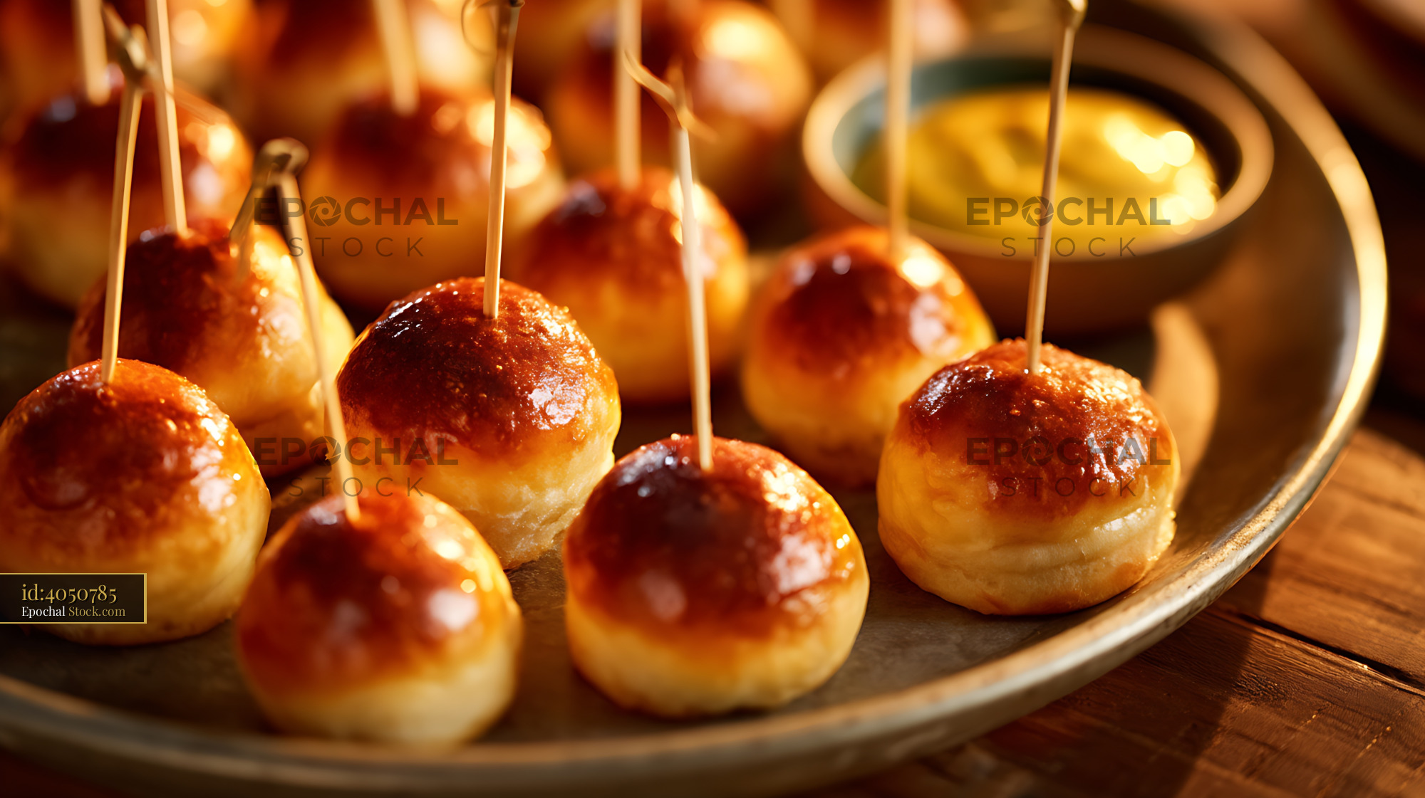 Golden Glazed Appetizer Bites with Cocktail Skewers - stock photo