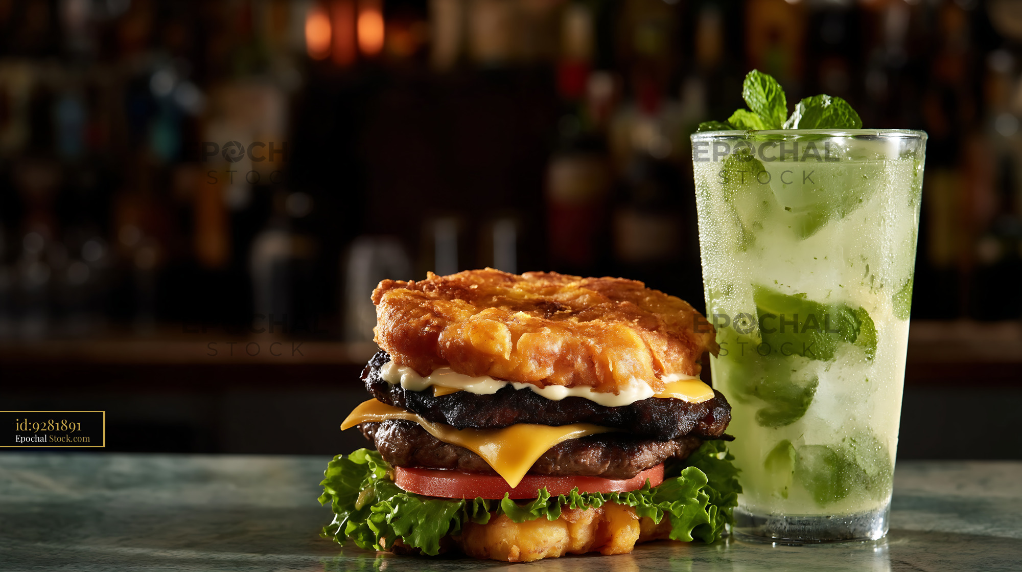 Gourmet Donut Burger with Mojito Cocktail - stock photo