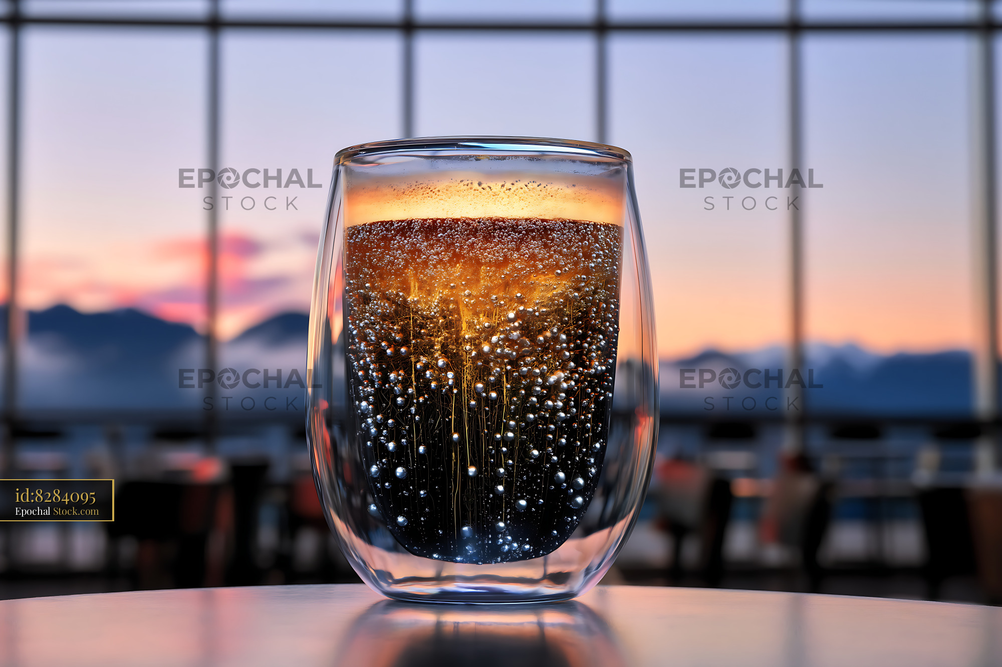 Nitro Caramel Coffee with Urban Sunset - stock photo