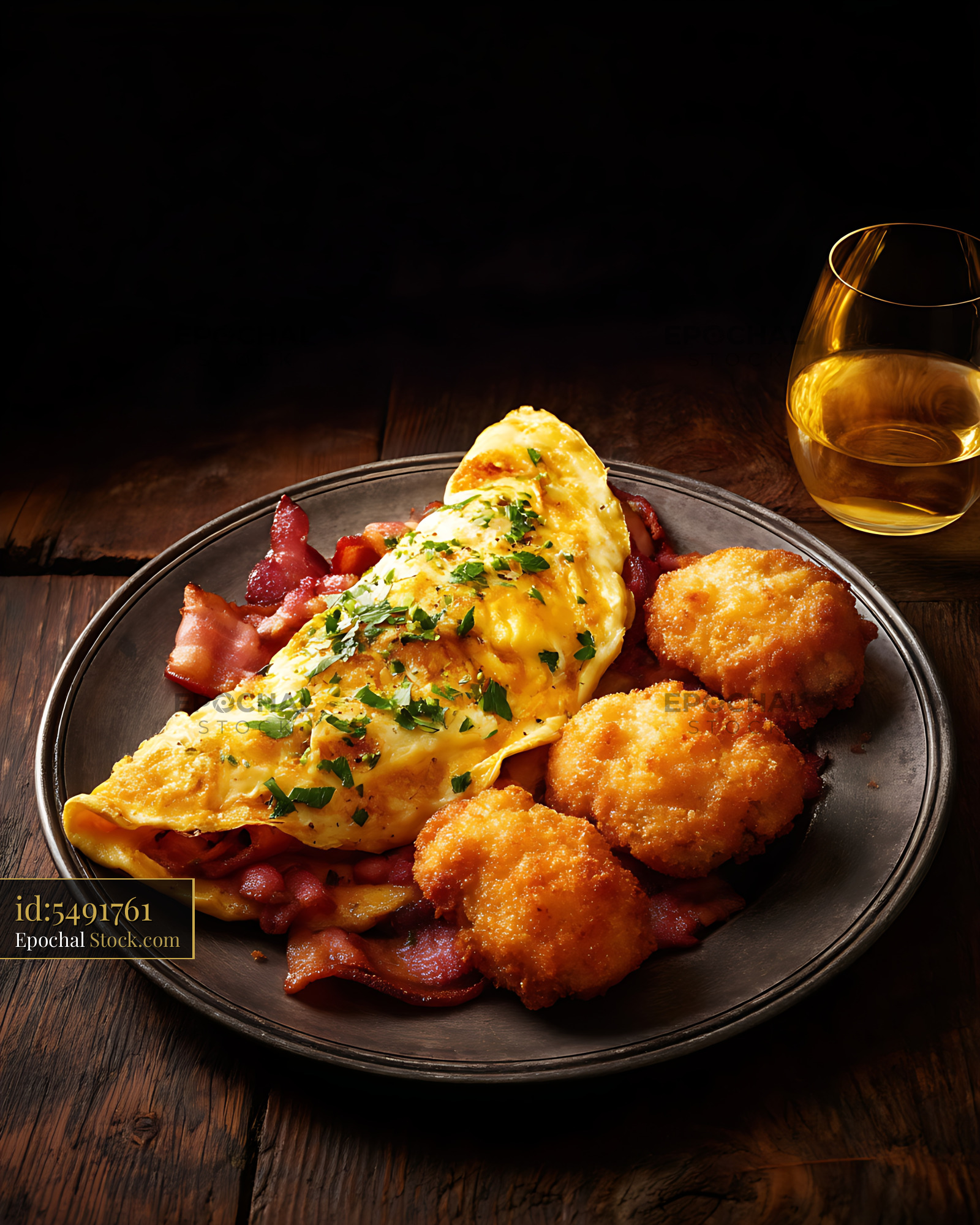 Gourmet Breakfast: Fluffy Omelette with Hash Browns - stock photo