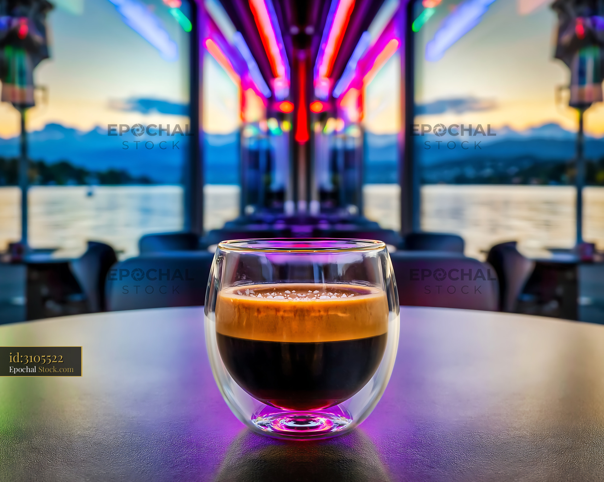 Espresso in Modern Neon Cafe with Mountain View - stock photo