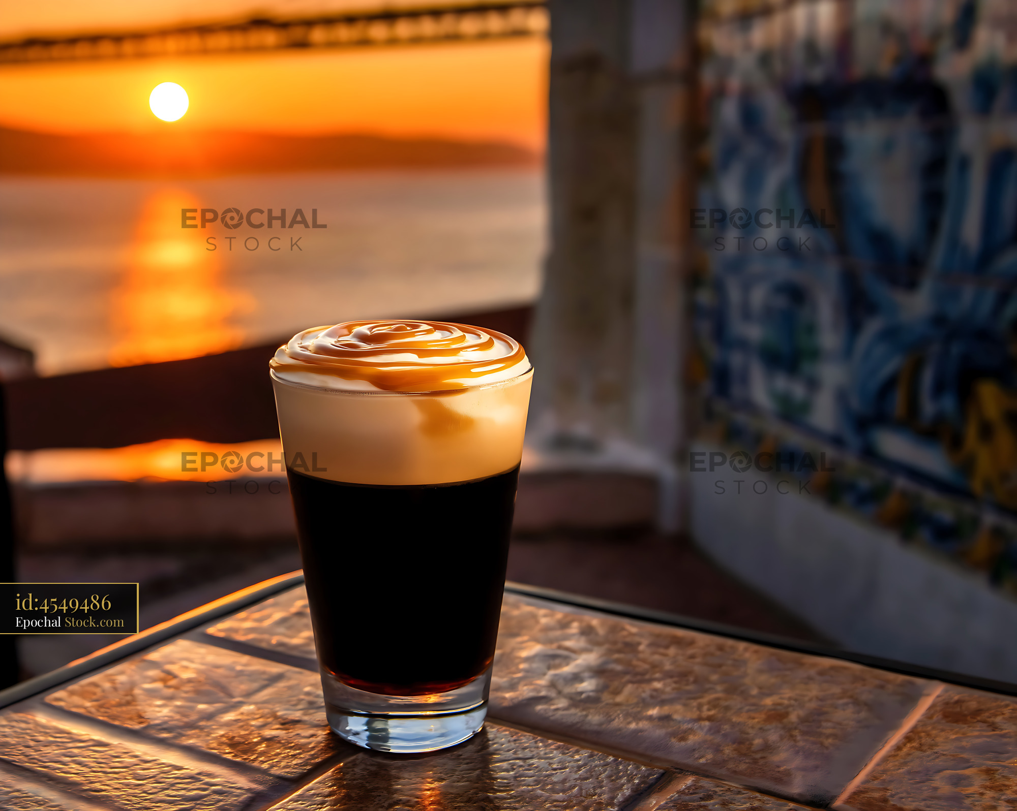 Nitro Caramel Coffee Overlooking Beach at Dusk - stock photo