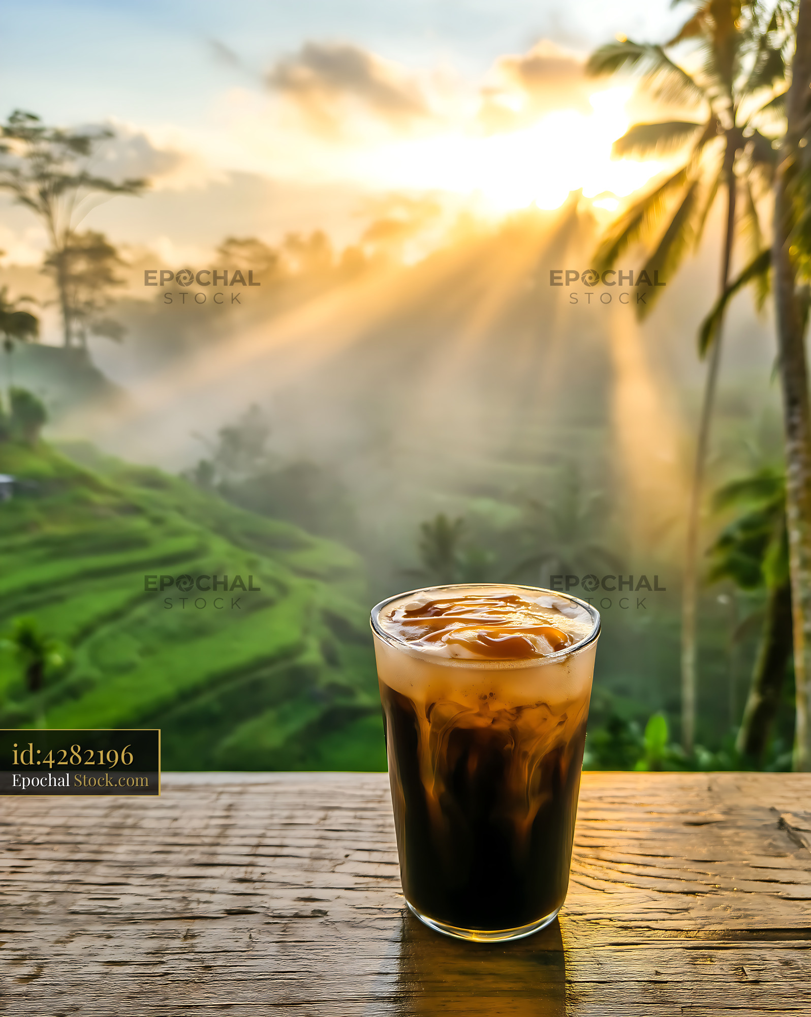Nitro Caramel Coffee with Sunrise Plantation - stock photo