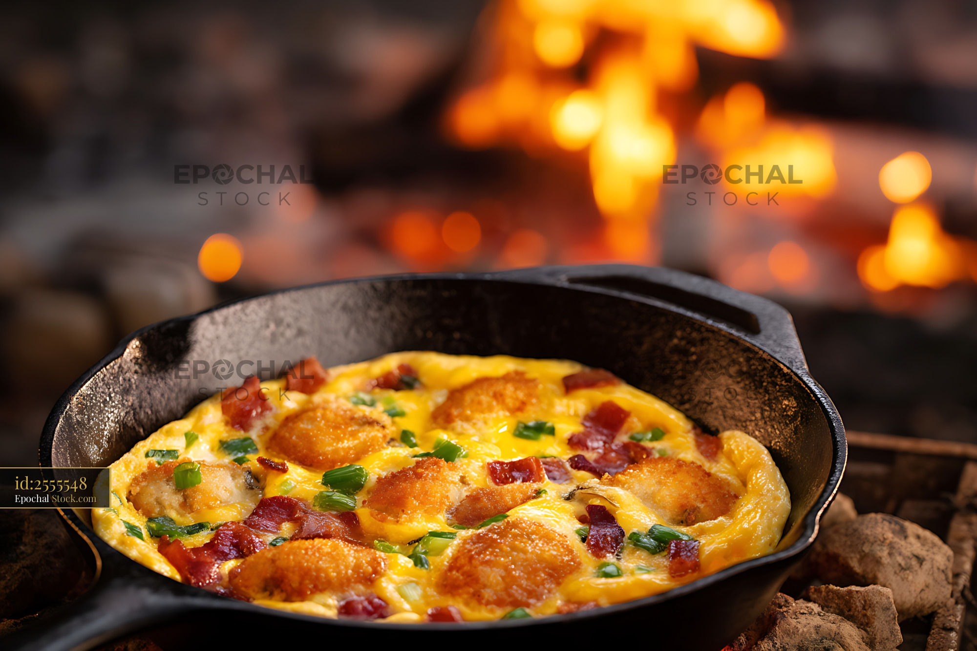 Campfire Omelette in Cast Iron Skillet - stock photo