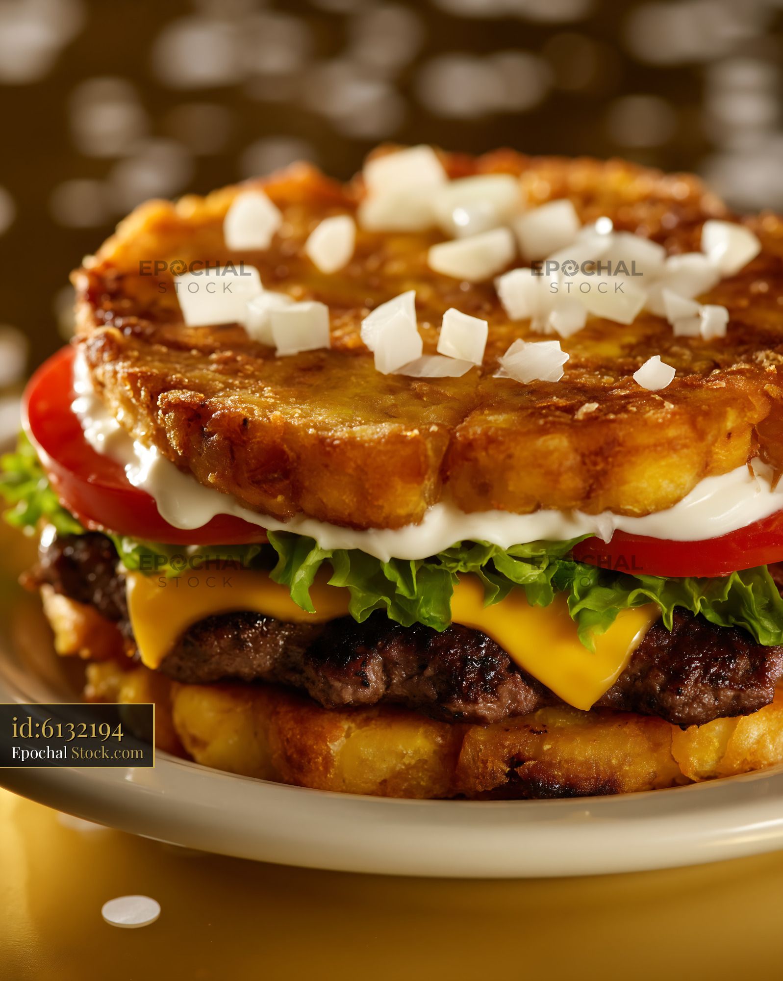 Jibarito Burger with Fried Plantain Buns, Melted Cheese, and Fresh Toppings - stock photo