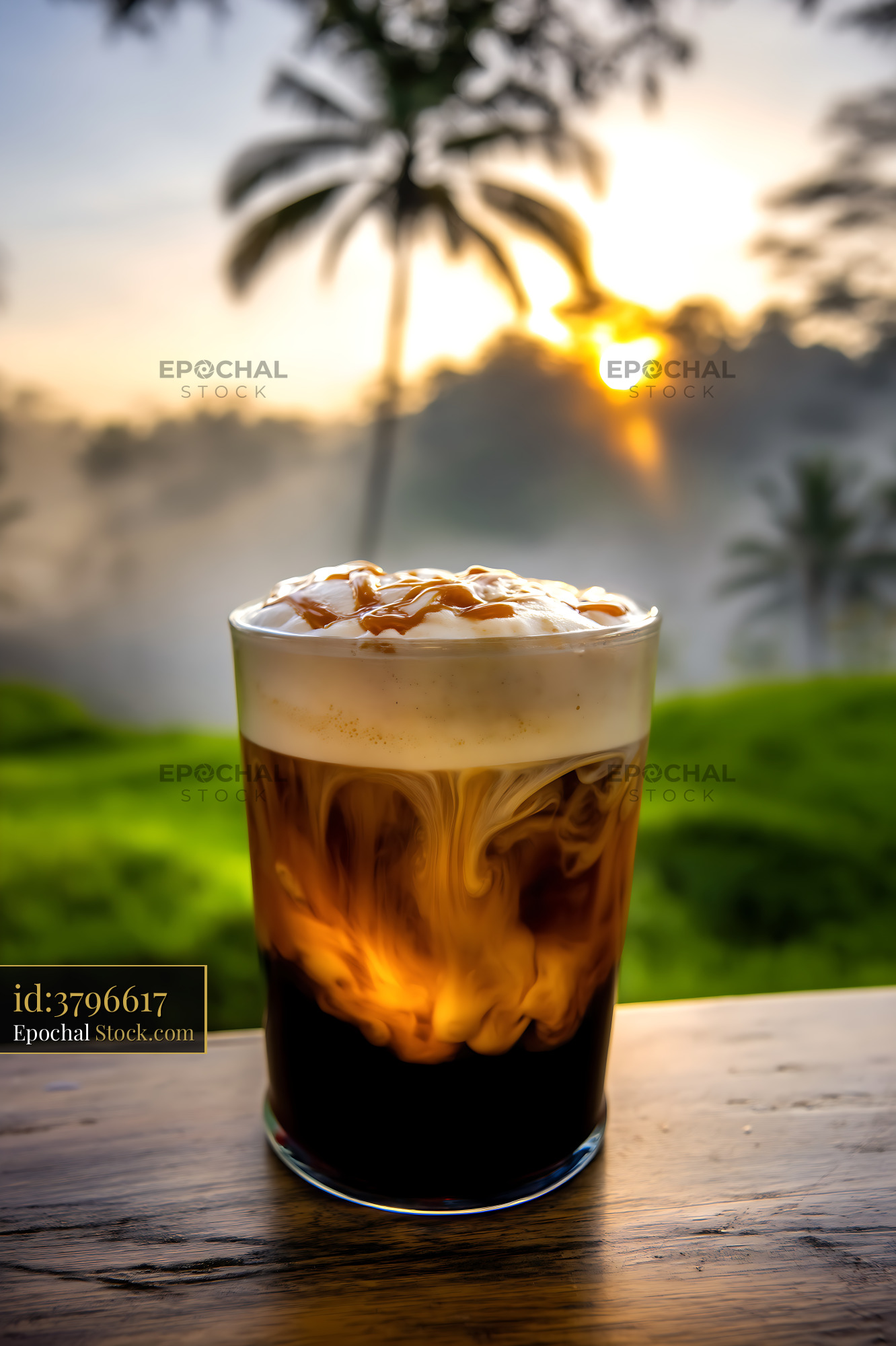 Nitro Caramel Coffee Over Ice at Golden Sunset - stock photo