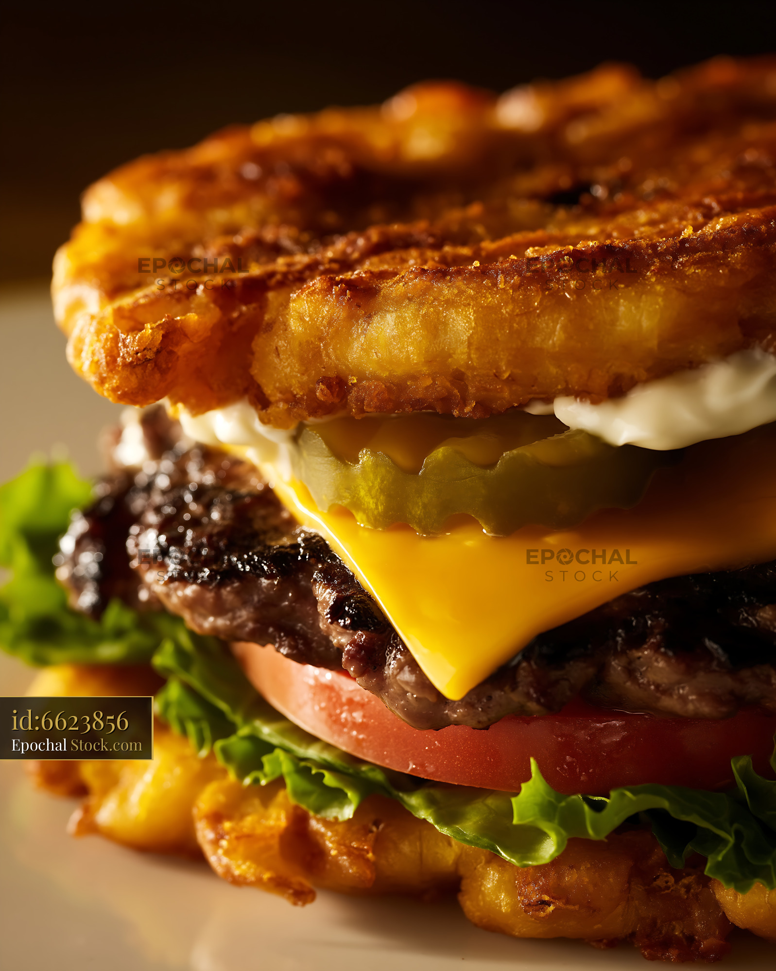 Gourmet Burger with Waffle Fry Buns and Melted Cheese - stock photo