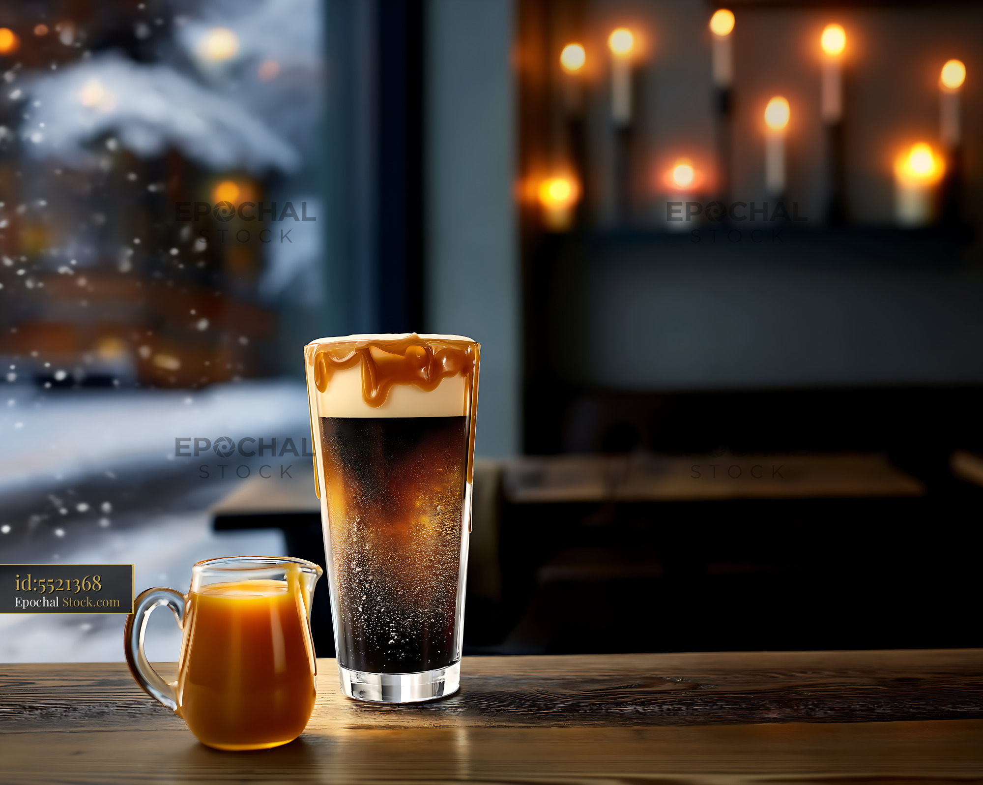 Nitro Caramel Coffee on Snowy Winter Table - stock photo
