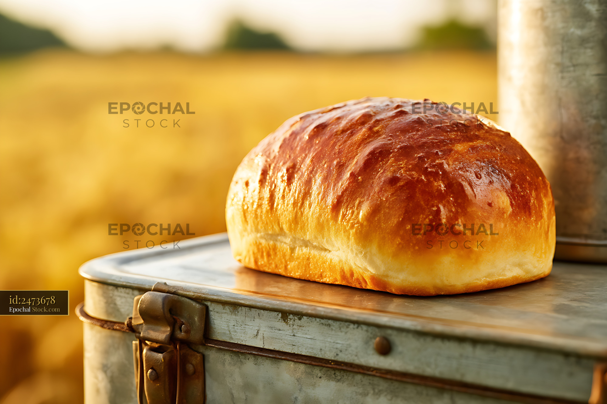 Fresh Bread Roll on Vintage Trunk Rustic Scene - stock photo