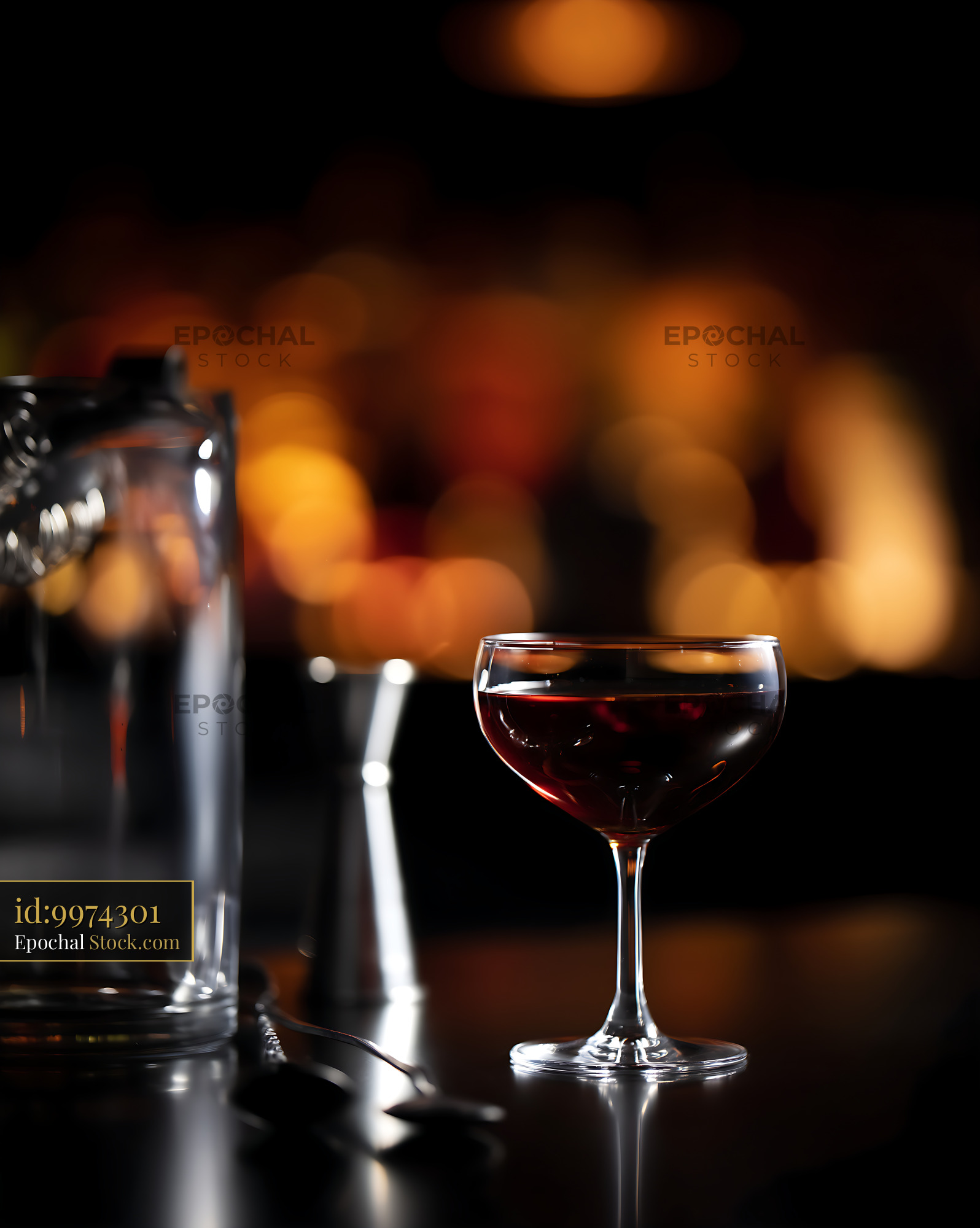 Bushwick Cocktail in Coupe Glass with Bar Bokeh - stock photo