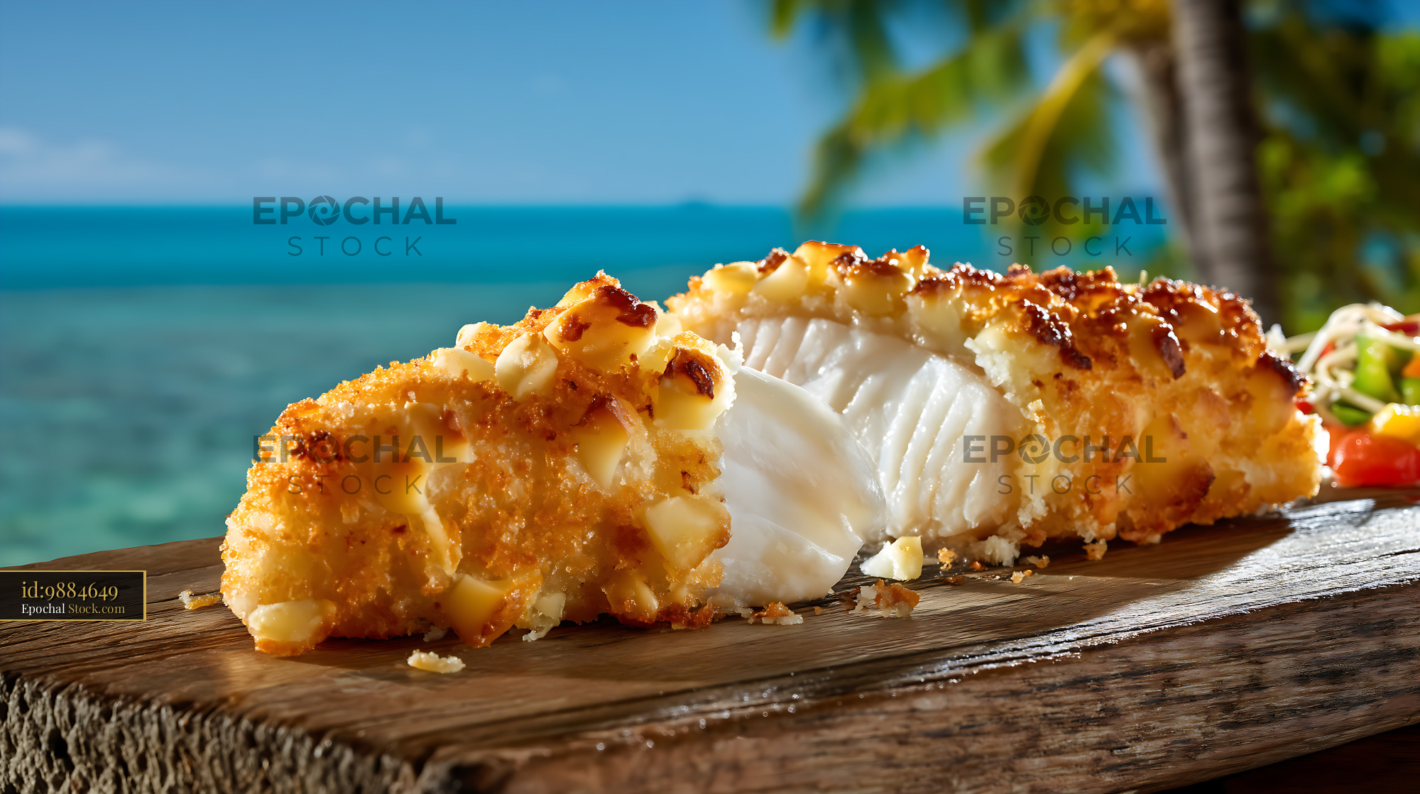 Macadamia Crusted Fish Fillet on Tropical Beach - stock photo