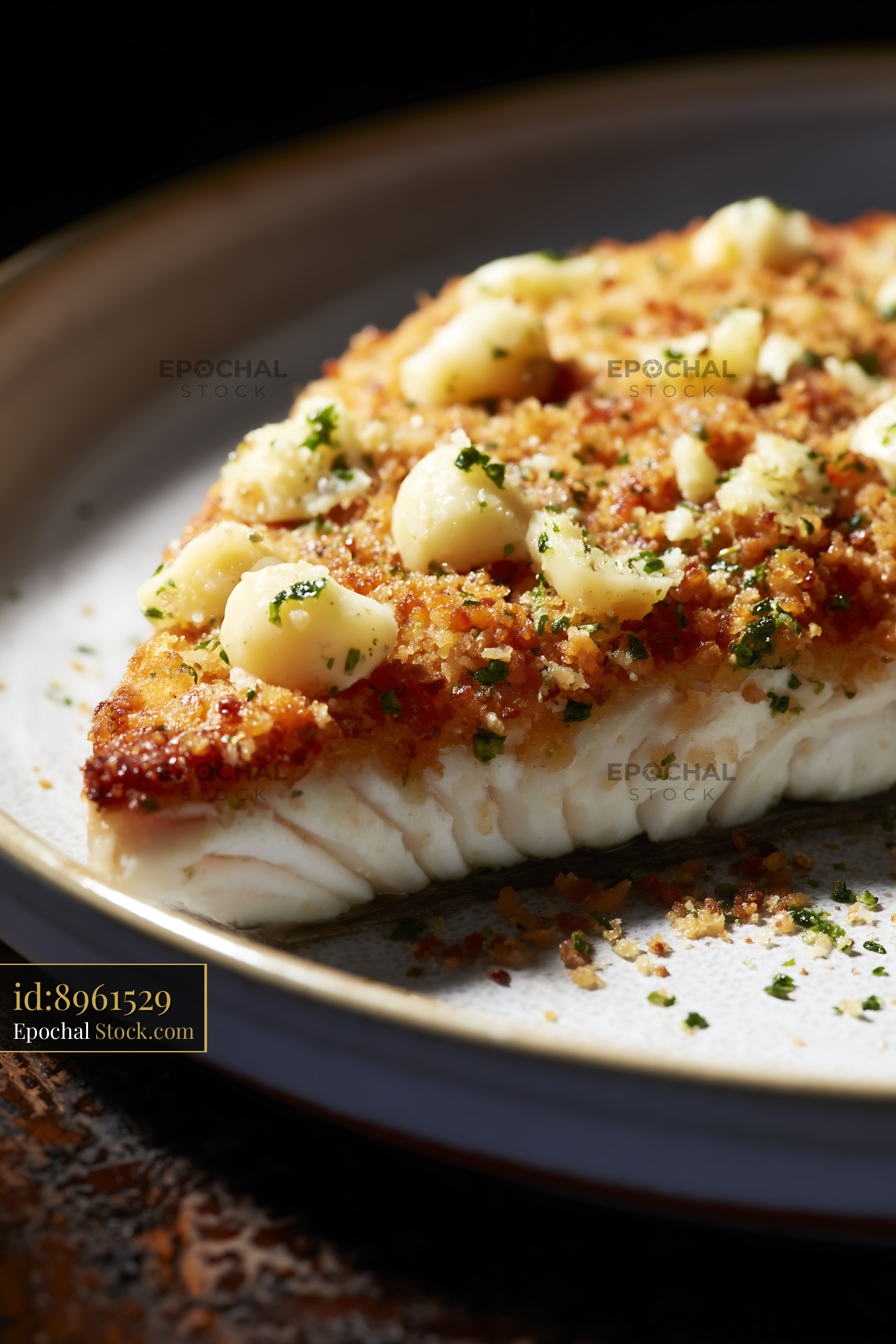 Pan-Seared Cod with Panko Crust and Capers - stock photo