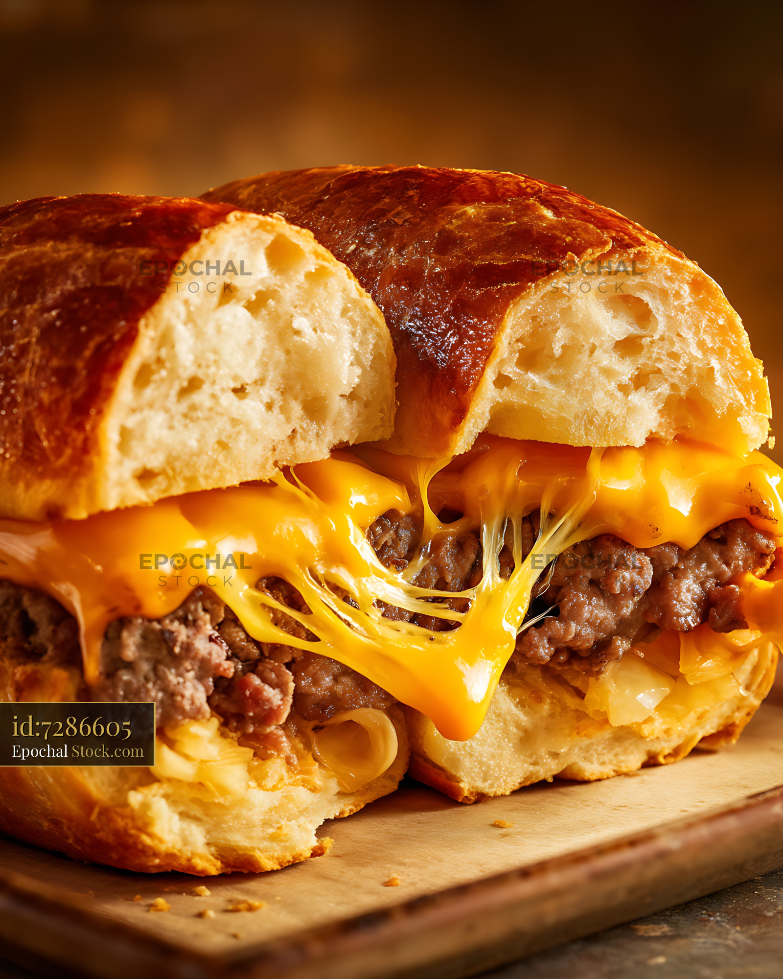 Cheeseburger with Stretching Melted Cheese on Wood - stock photo