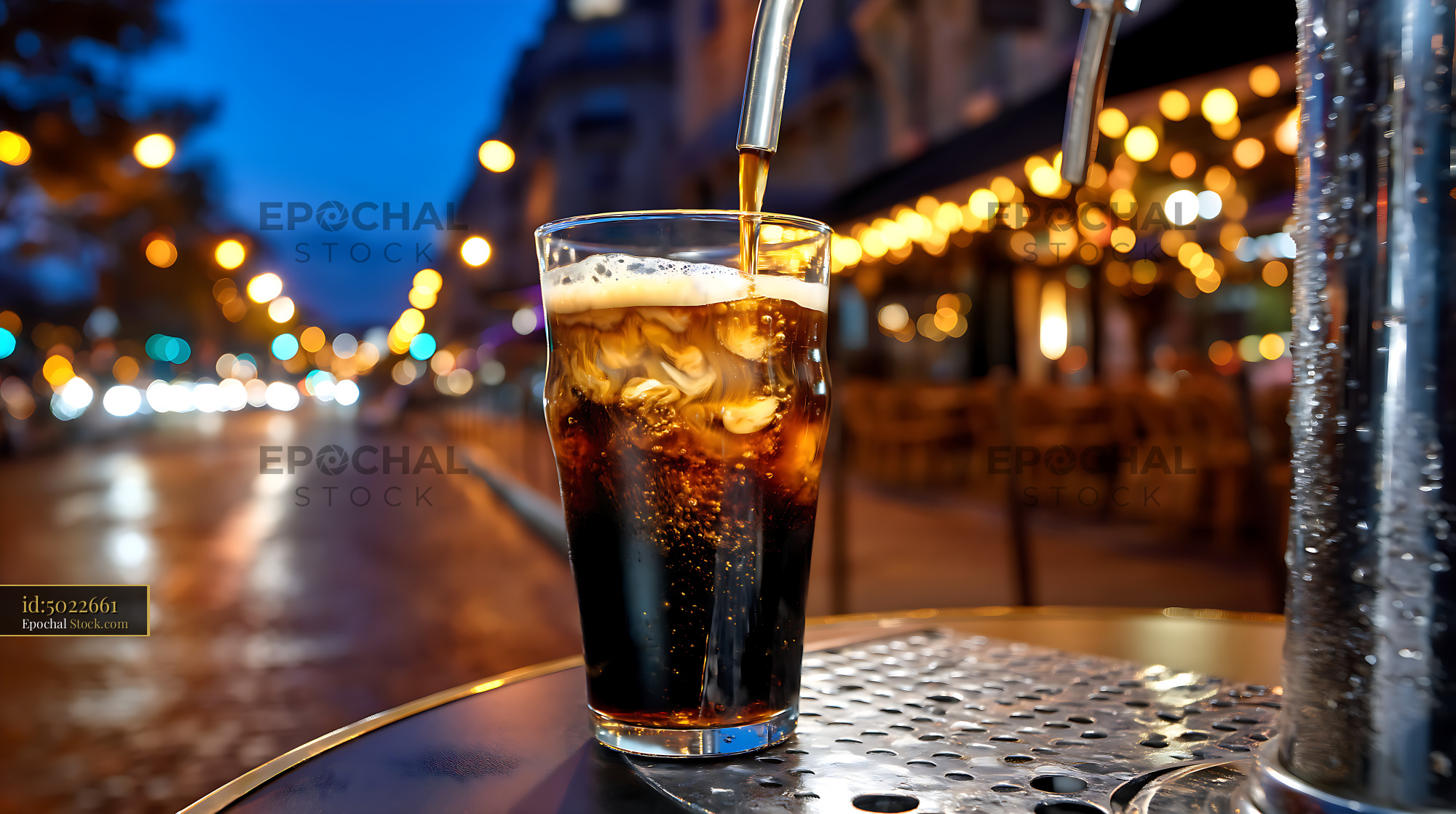 Cold Cola Pour on Neon-Lit Urban Street - stock photo