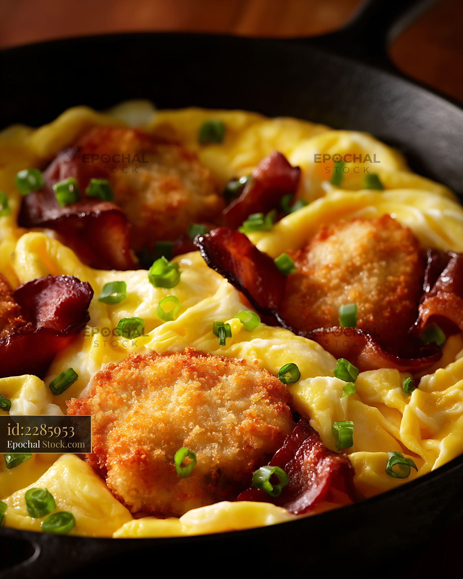 Crispy Fried Shrimp with Creamed Corn in Cast Iron - stock photo