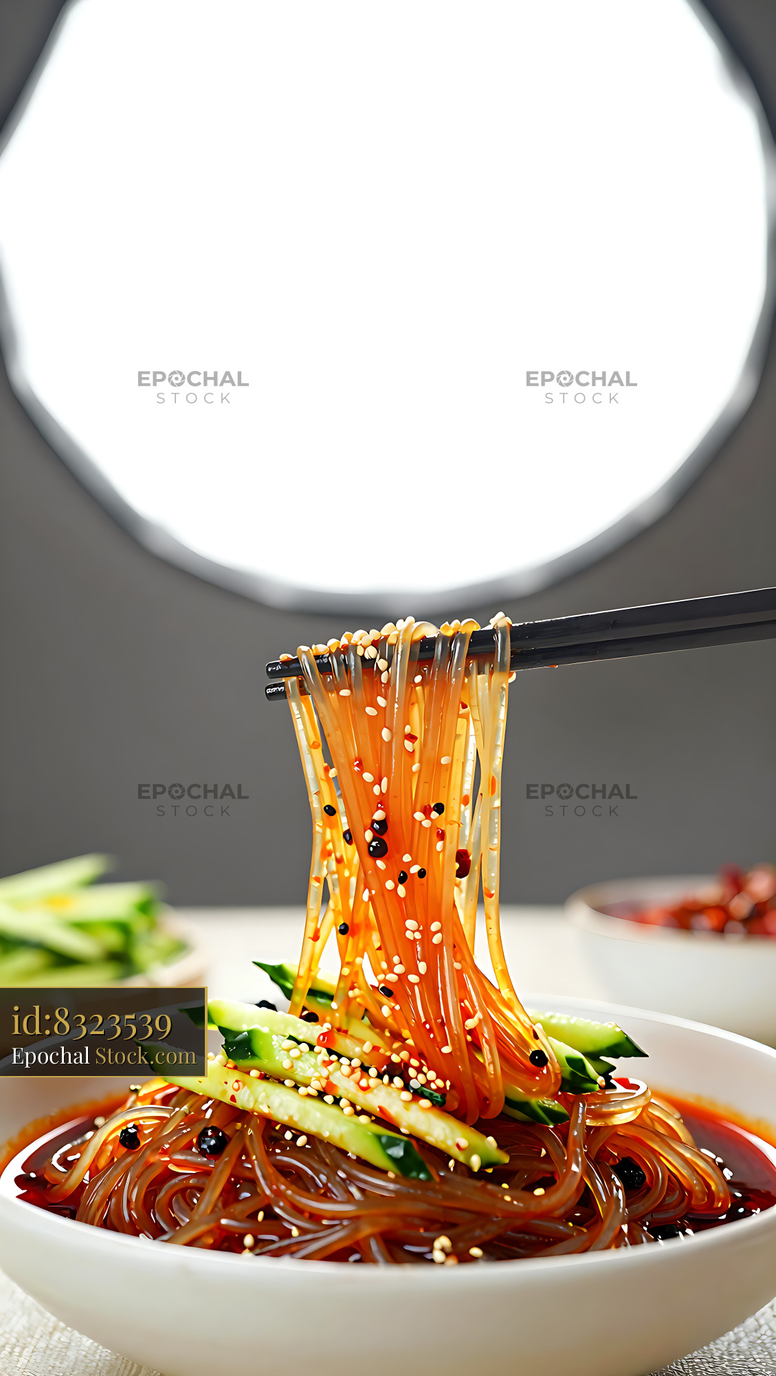 Sichuan Glass Noodle Salad Lifted on Chopsticks - stock photo