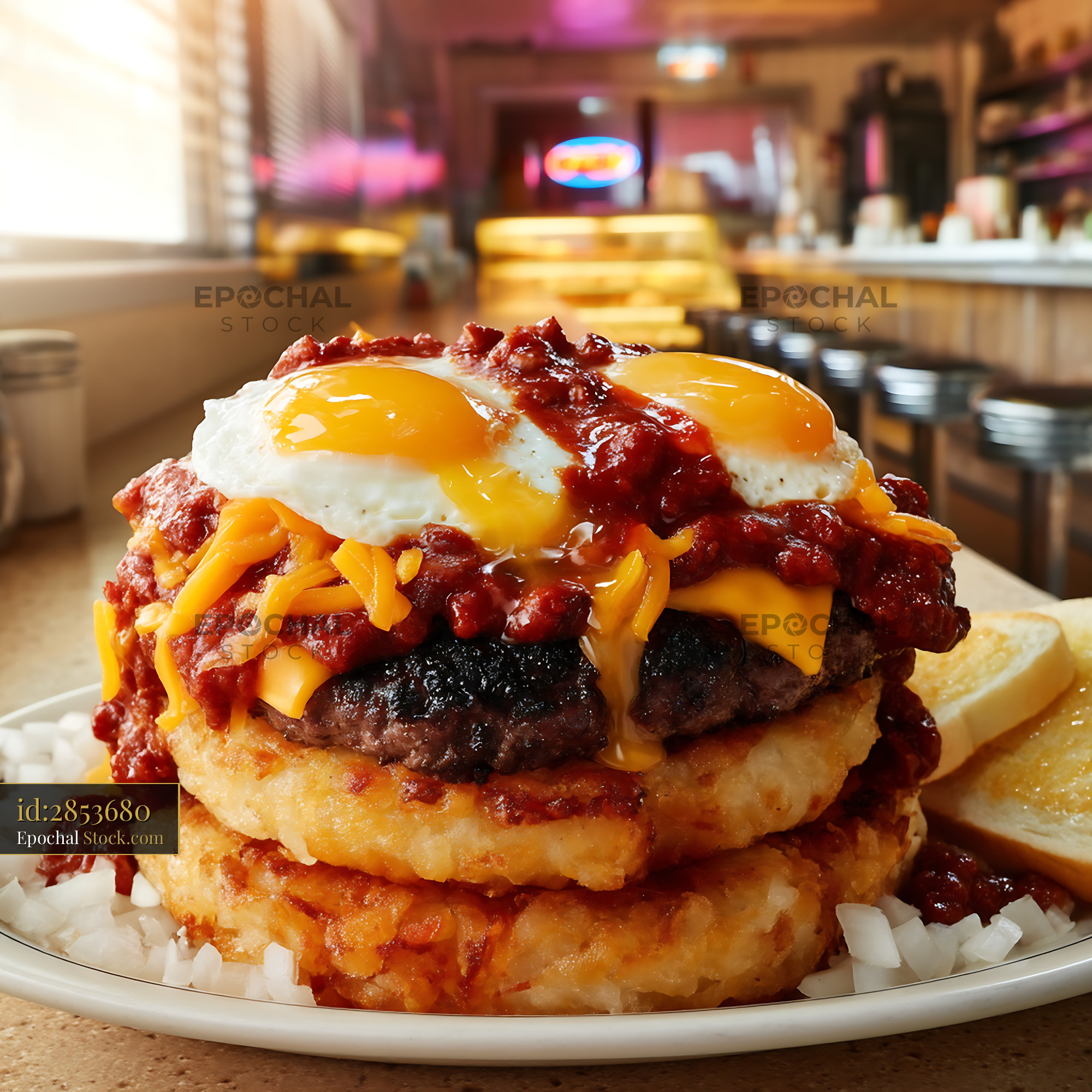 St. Louis Slinger Gourmet Burger with Fried Eggs - stock photo