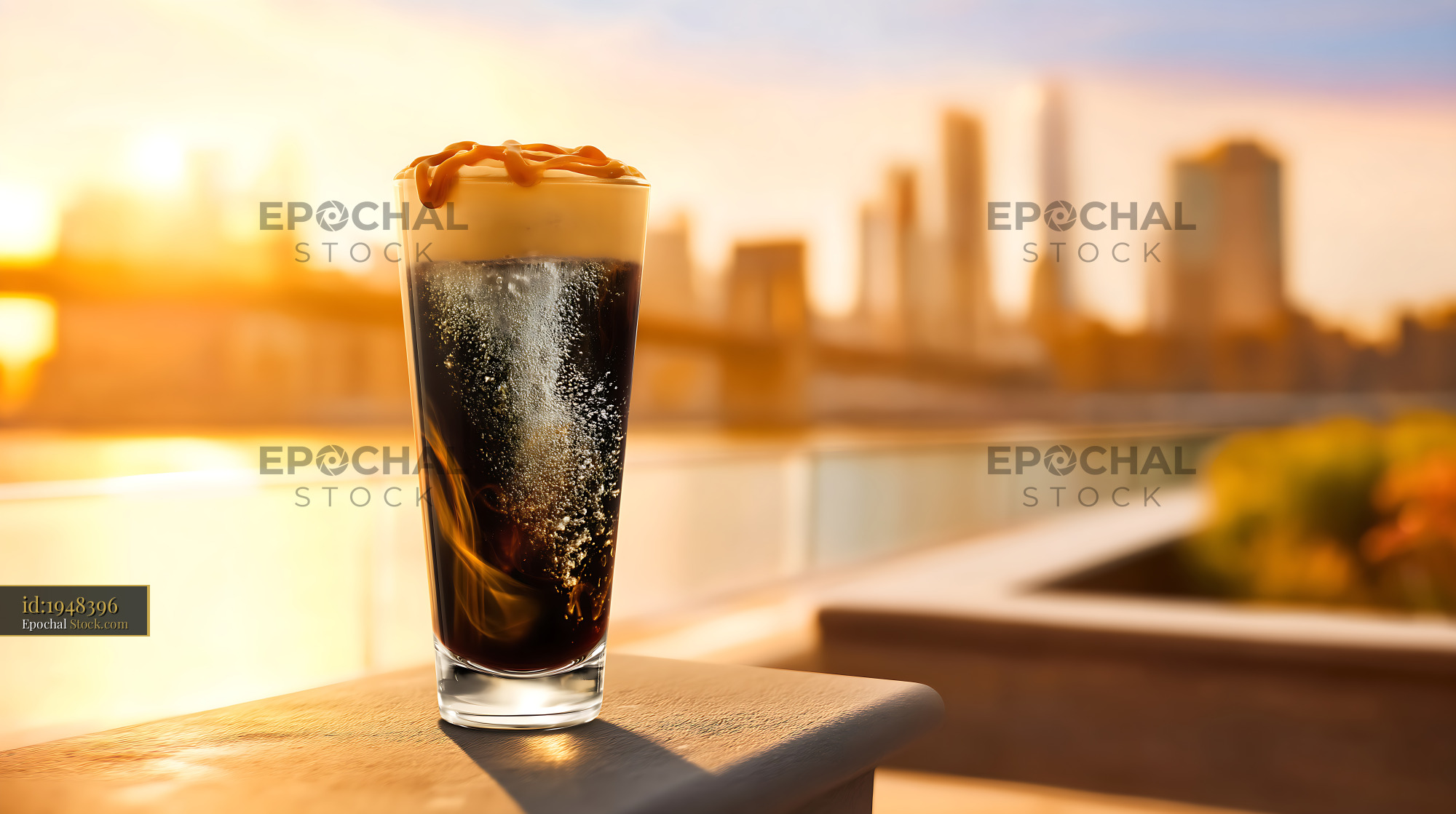 Nitro Caramel Coffee Overlooking City Skyline - stock photo