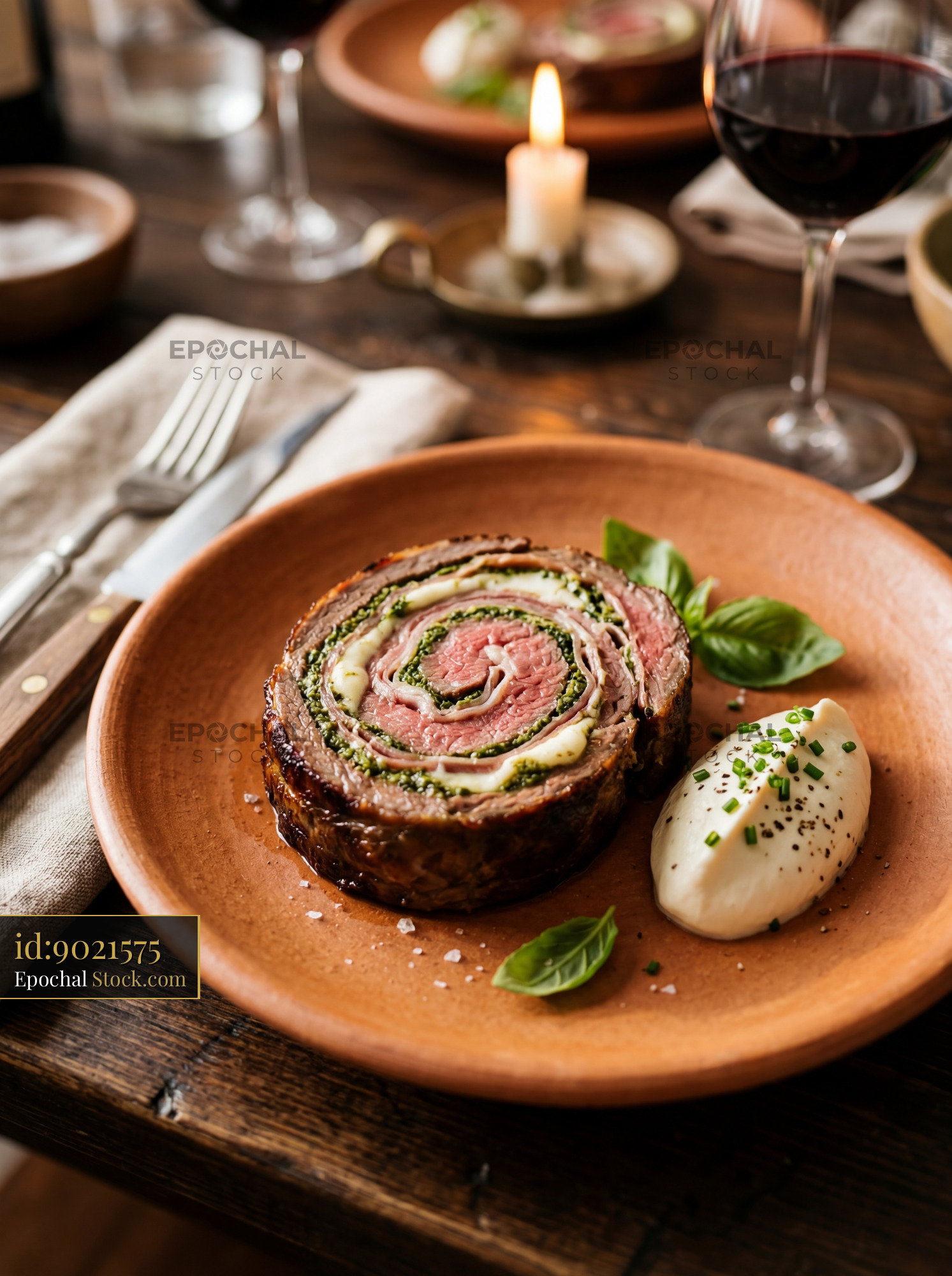 Beef Roulade with Herb Pesto Fine Dining Plating - stock photo