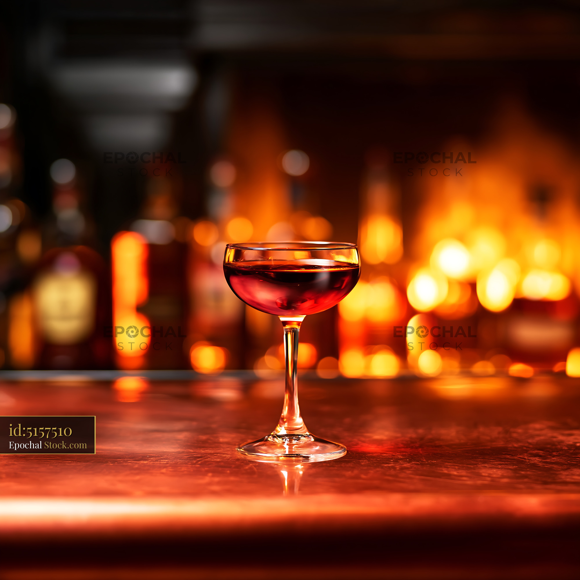 Red Cocktail Glass in Luxury Bar with Golden Lighting - stock photo