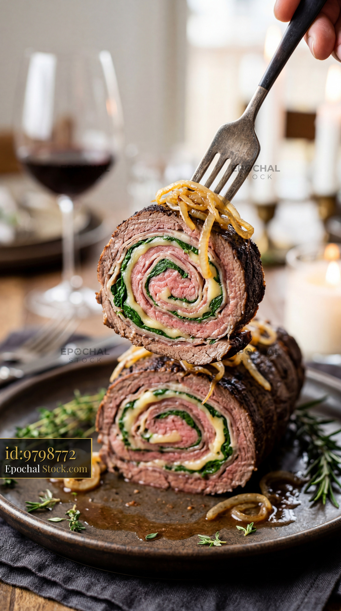 Beef Roulade Cross-Section with Crispy Onions - stock photo