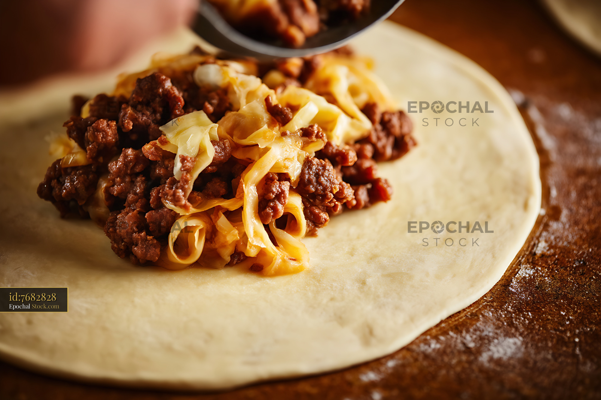 Burrito Assembly with Ground Beef and Caramelized Onions - stock photo