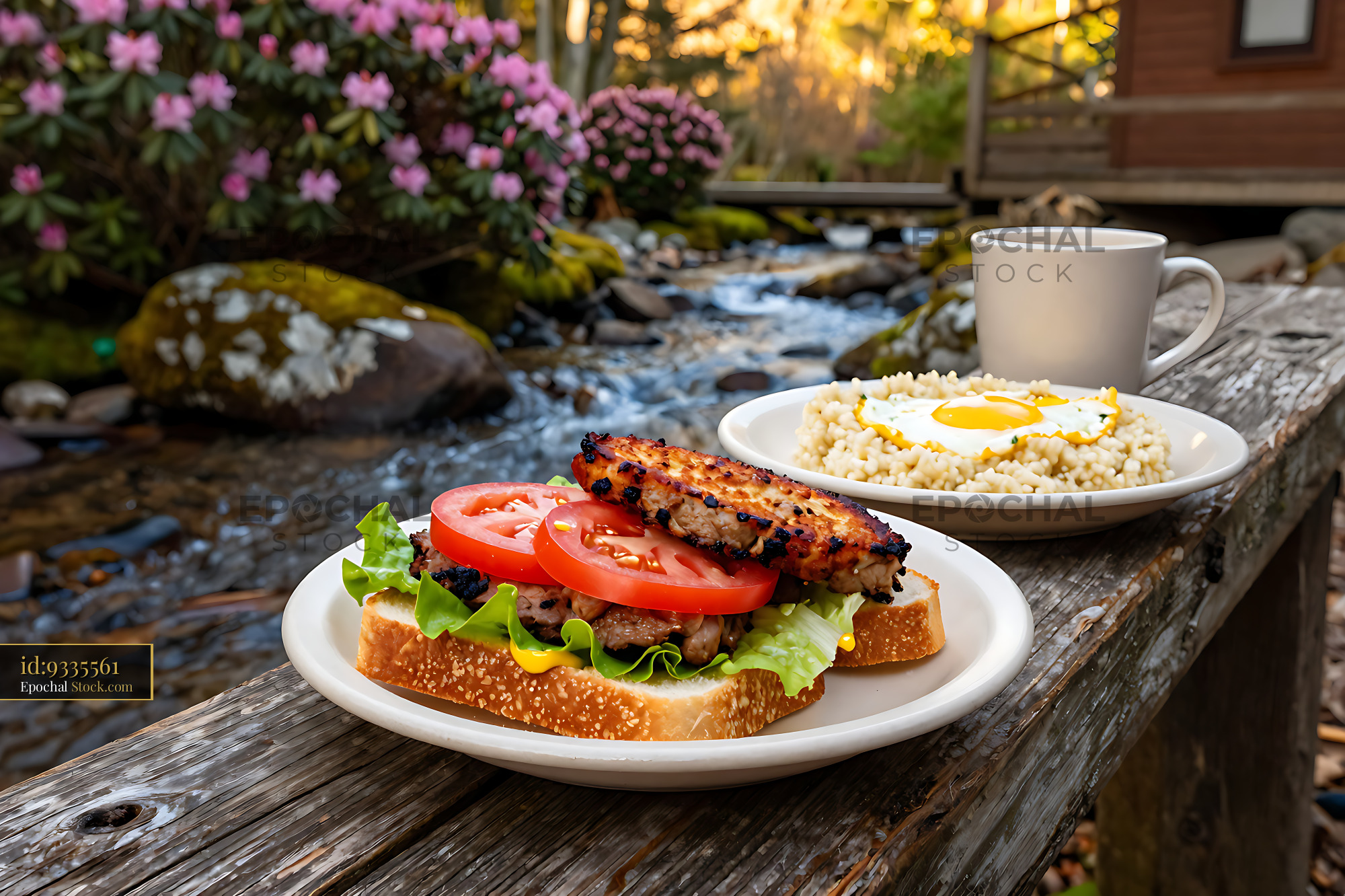 Livermush Sandwich Riverside Breakfast Scene - stock photo