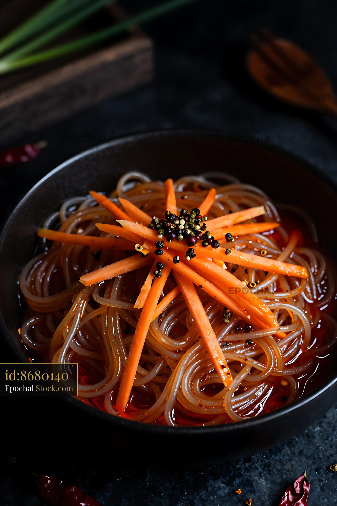 Sichuan Glass Noodle Salad with Carrot Garnish - stock photo