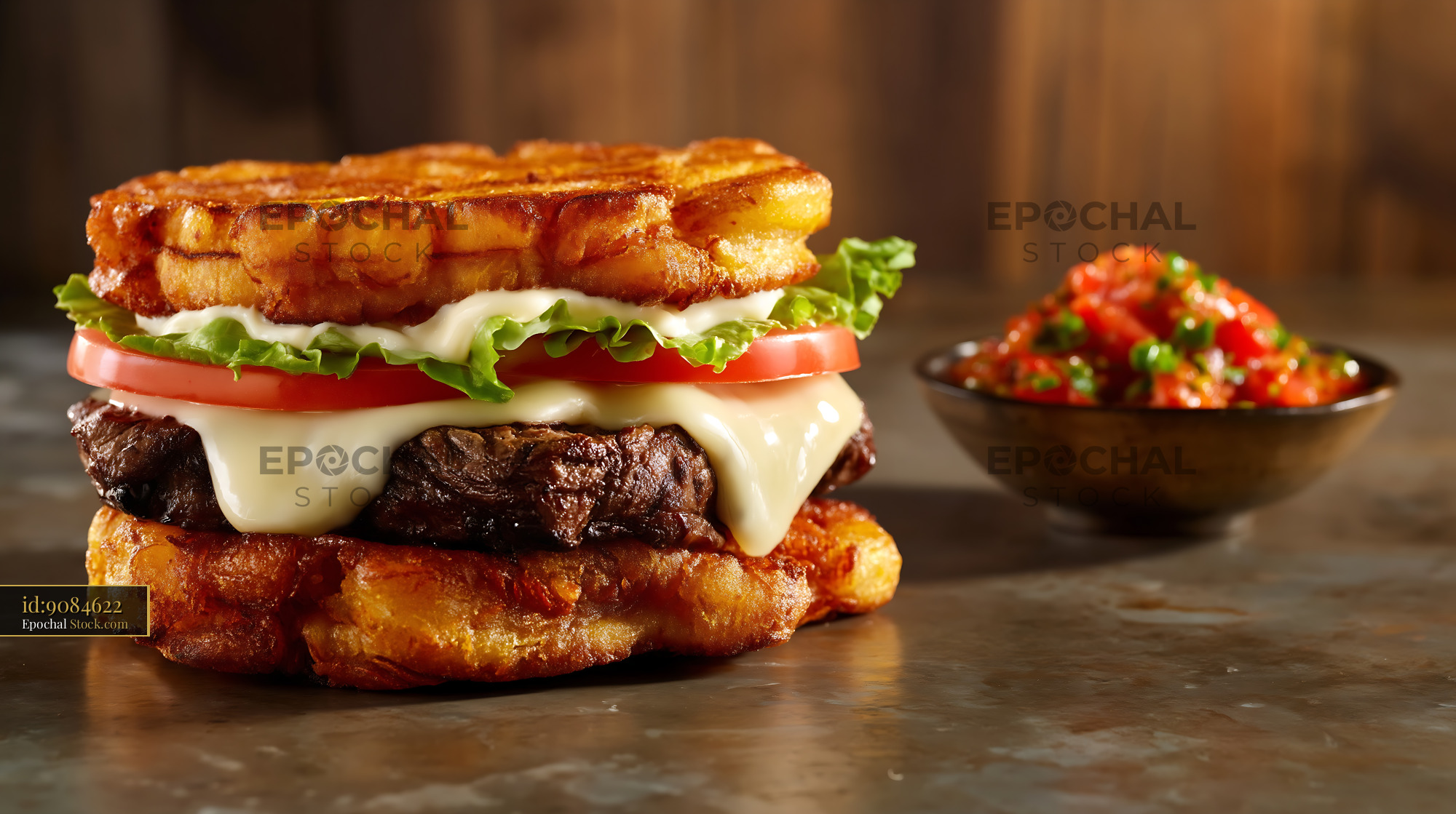 Gourmet Burger on Crispy Waffle Fries with Cheese - stock photo