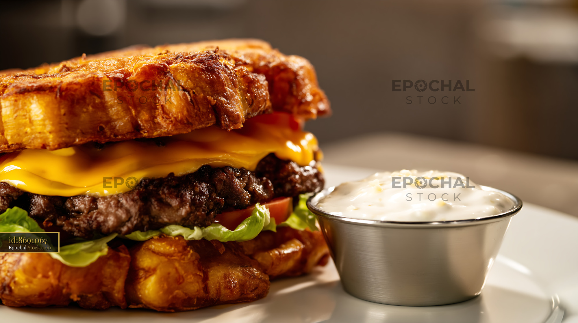 Gourmet Croissant Cheeseburger with Aioli Sauce - stock photo