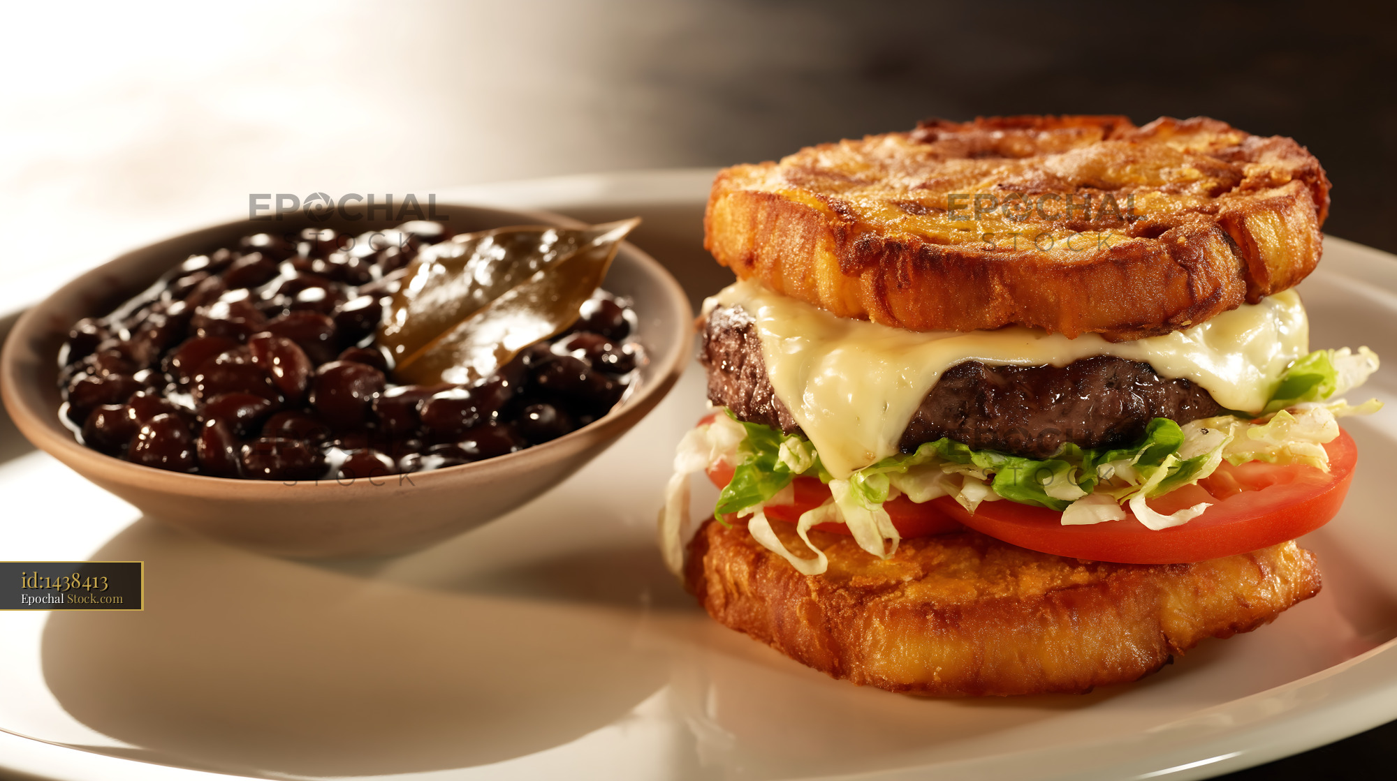 Gourmet Beef Burger with Melted Cheese and Black Beans - stock photo