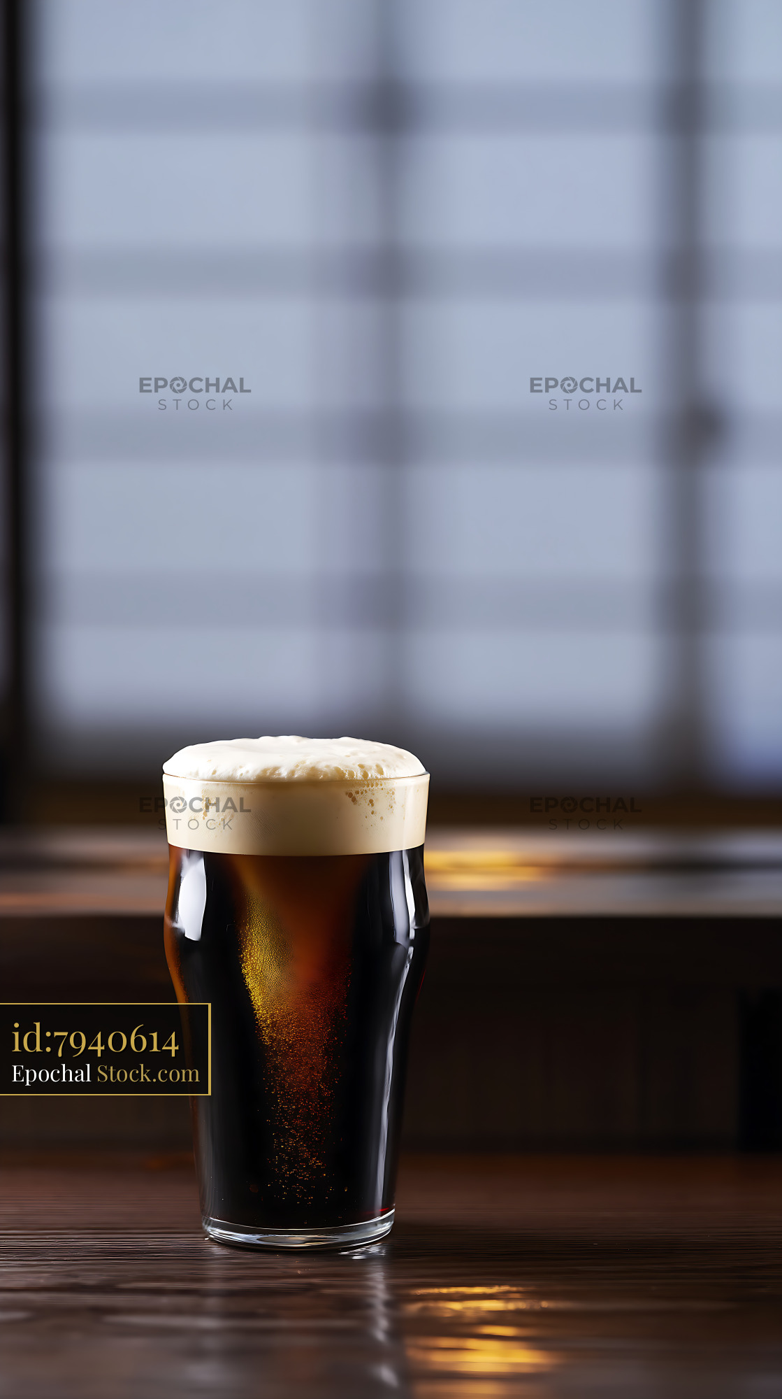 Dark Stout Beer with Creamy Head on Wood - stock photo