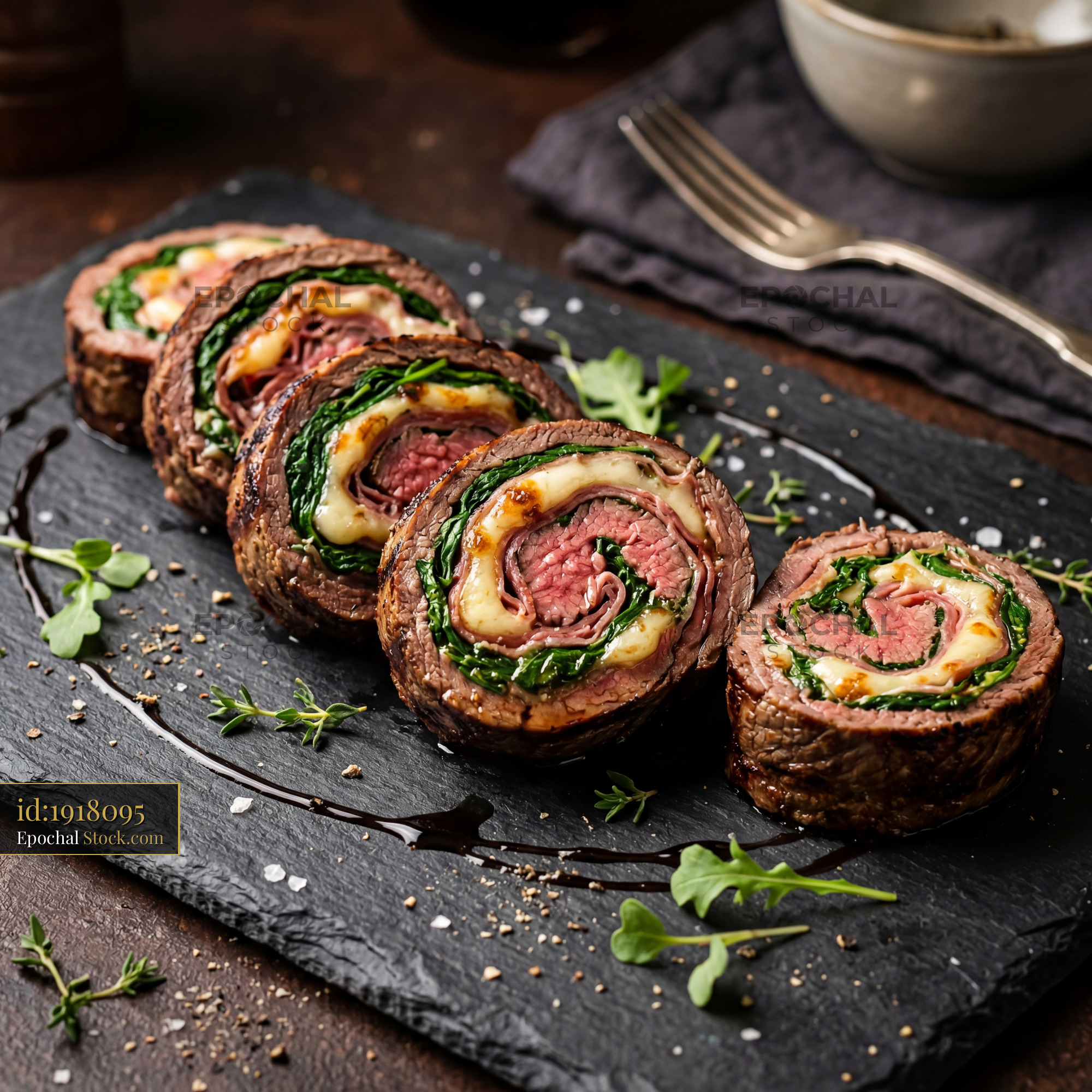 Beef Roulade Slices with Spinach & Cheese - stock photo