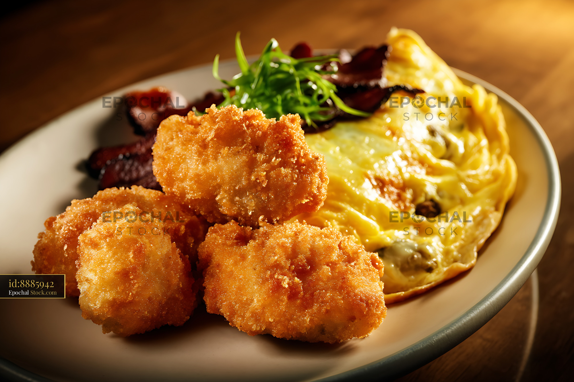 Crispy Fried Shrimp and Omelet Plate - stock photo